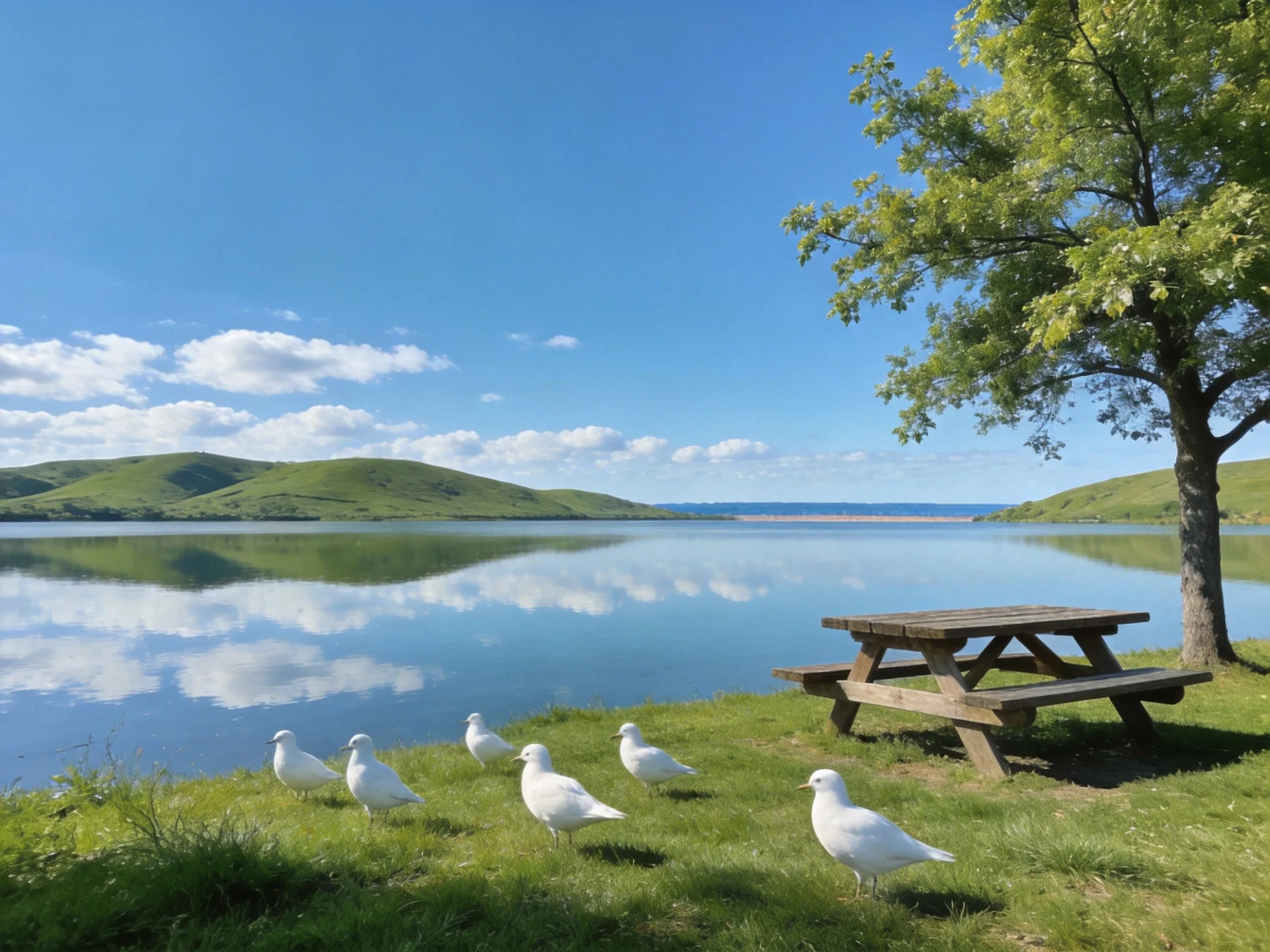 Six white birds by wooden picnic table near calm lake