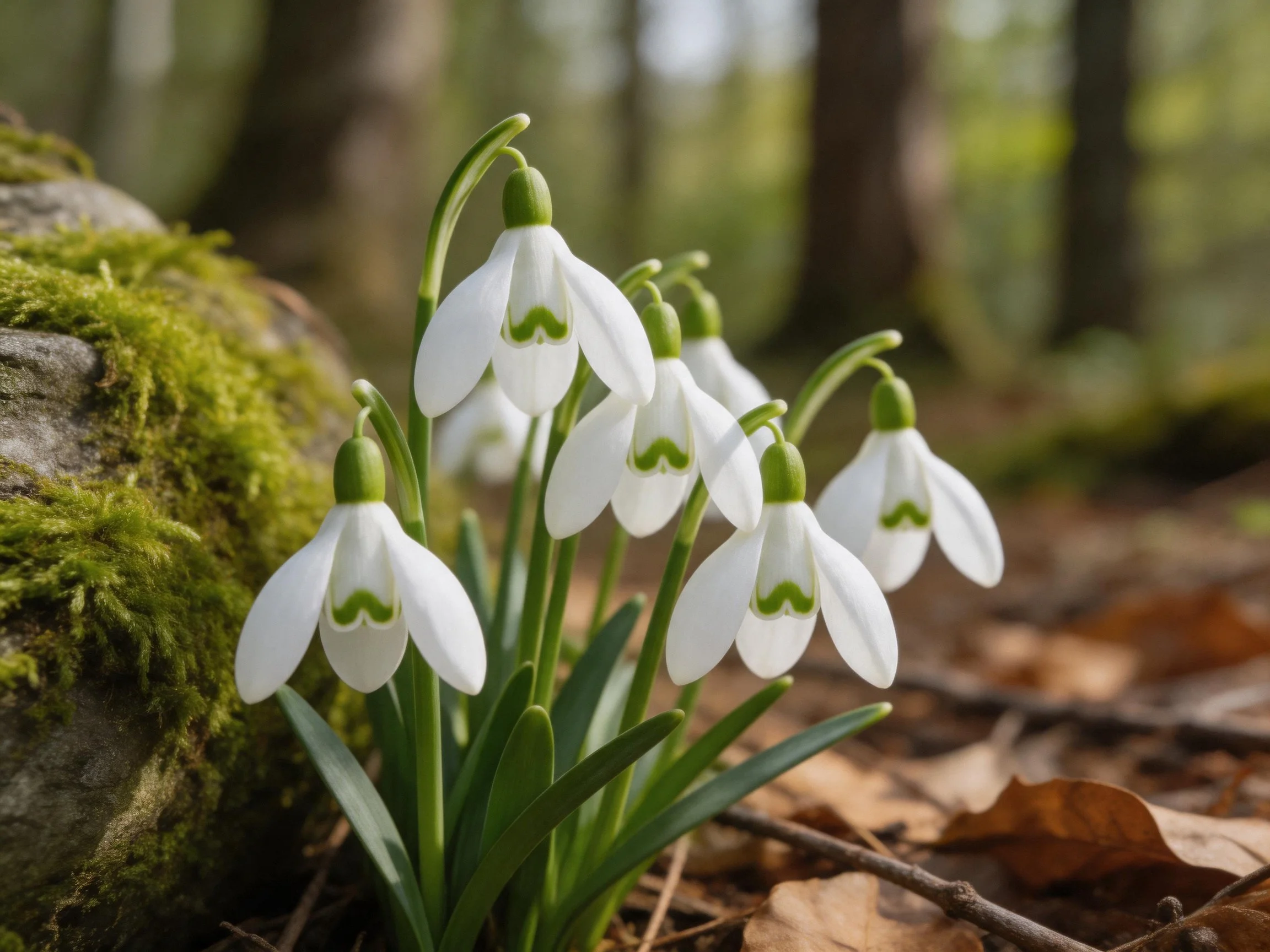 Six white snowdrops grow by a moss-covered rock in a forest clearing