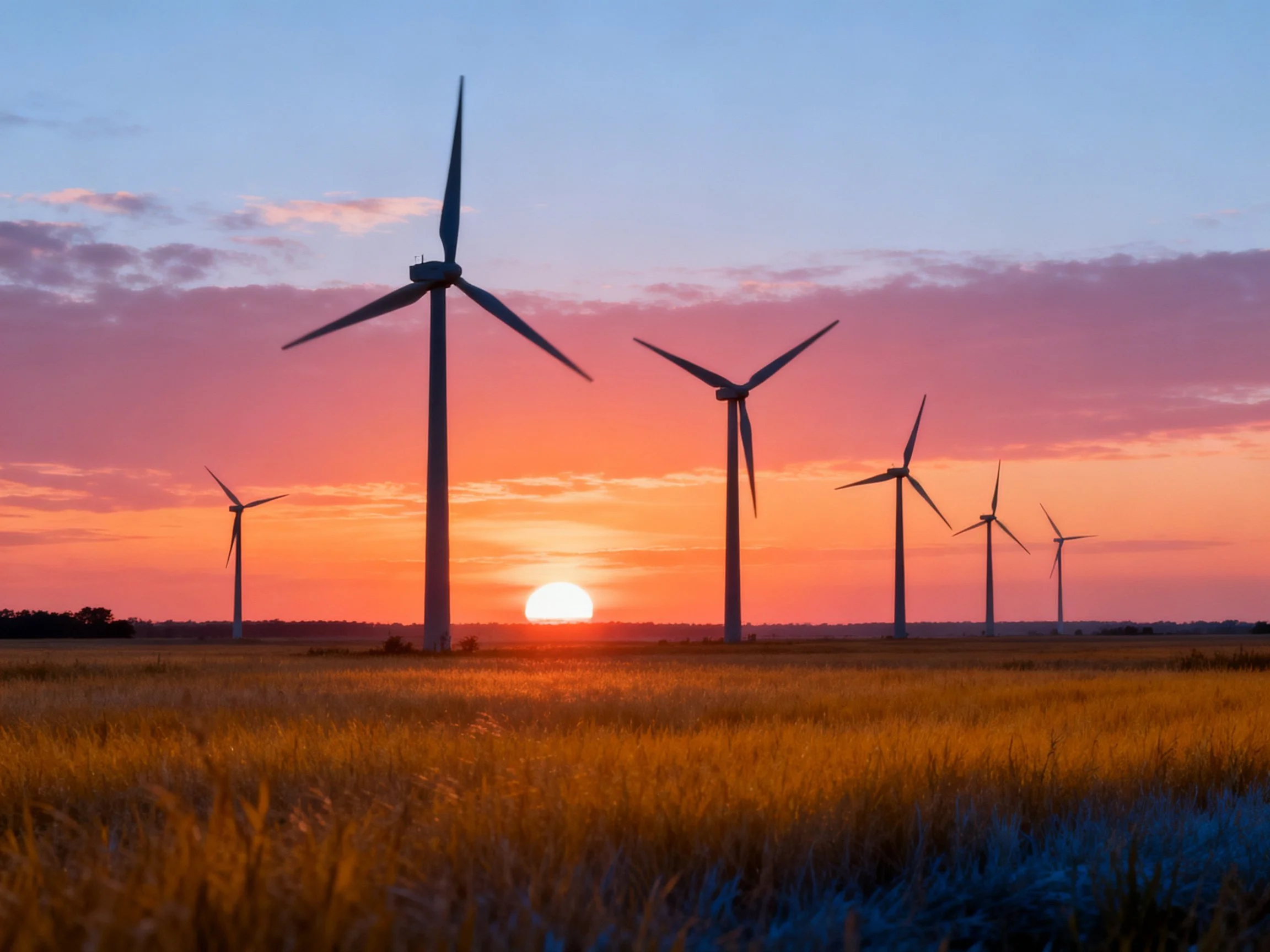 Six wind turbines silhouetted against vibrant sunset sky over golden field