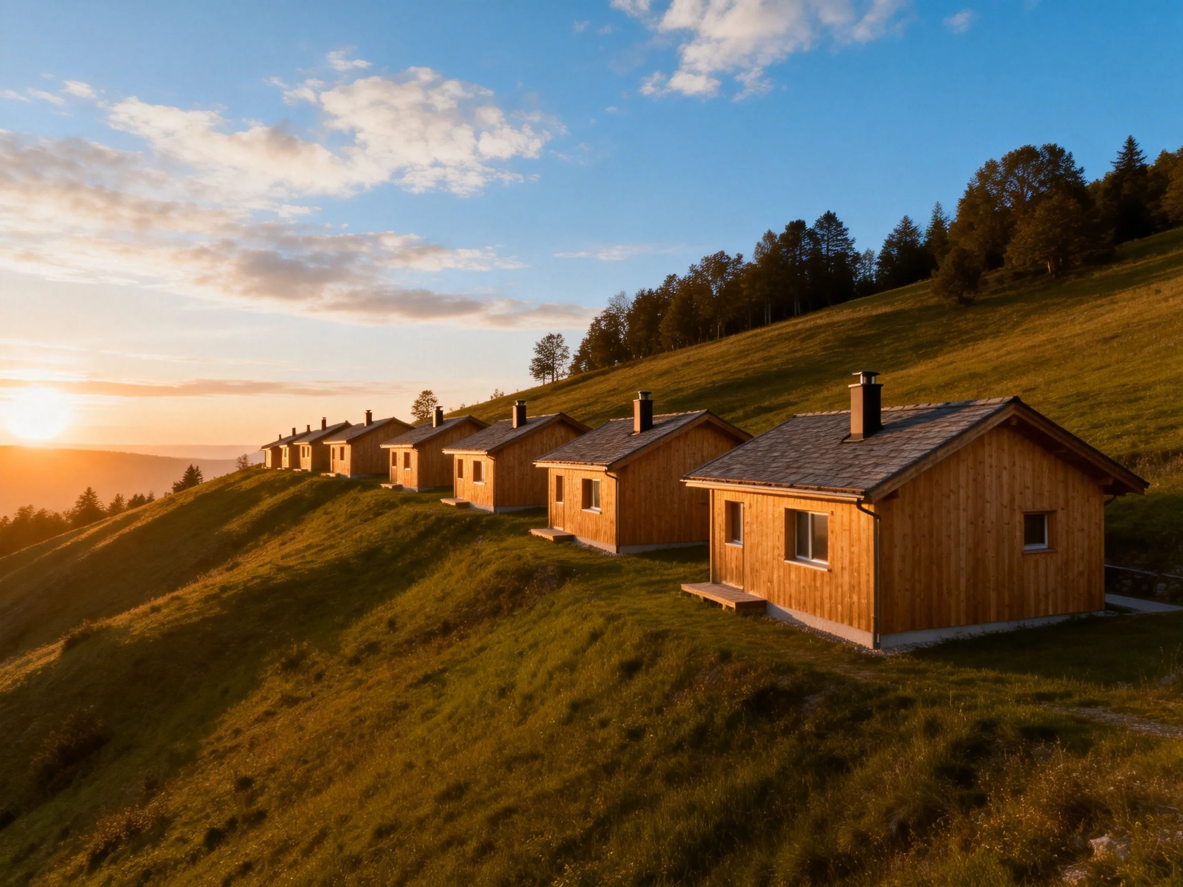 Six wooden cabins sit along a grassy hillside as the sun sets