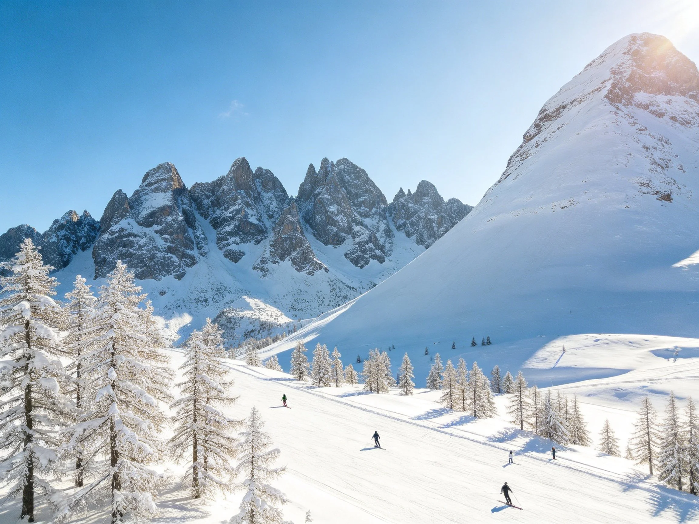 Ski Slope With Skiers Near Snow-Covered Pine Trees and Towering Peaks