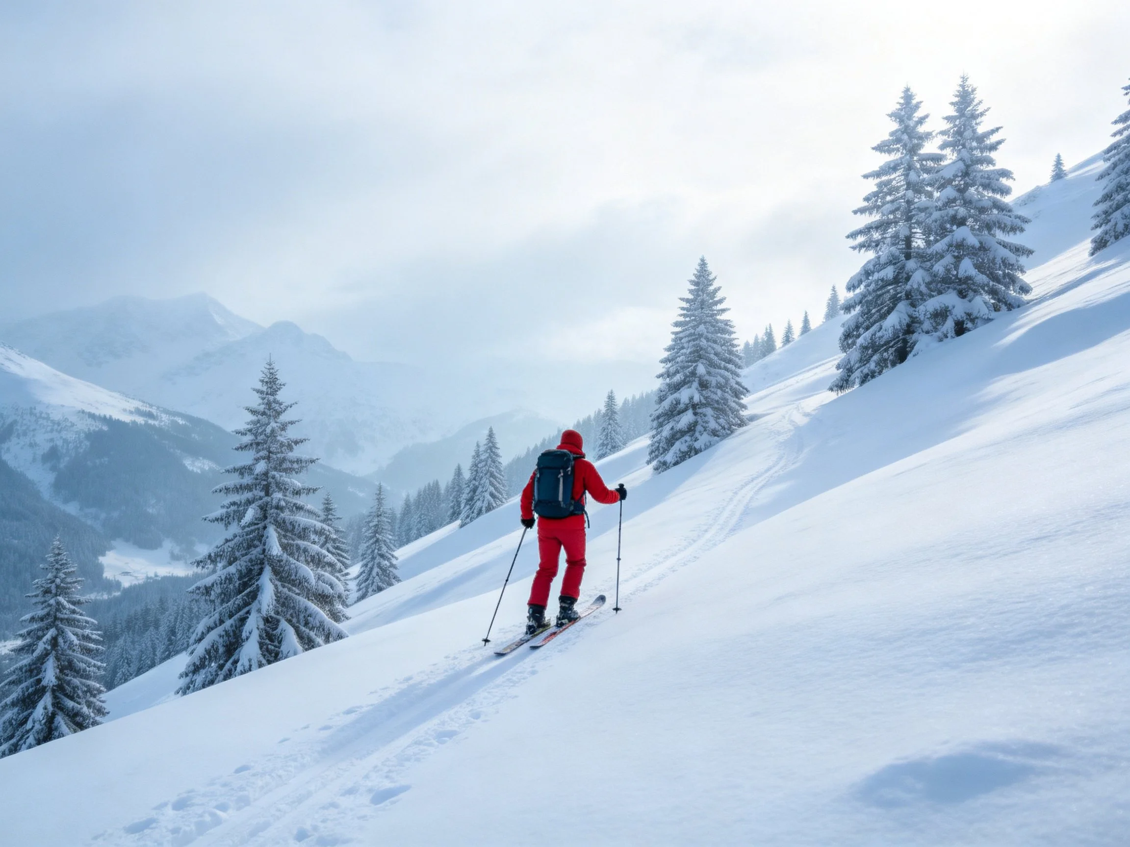 Skier in bold red attire climbing snow-covered mountain slope