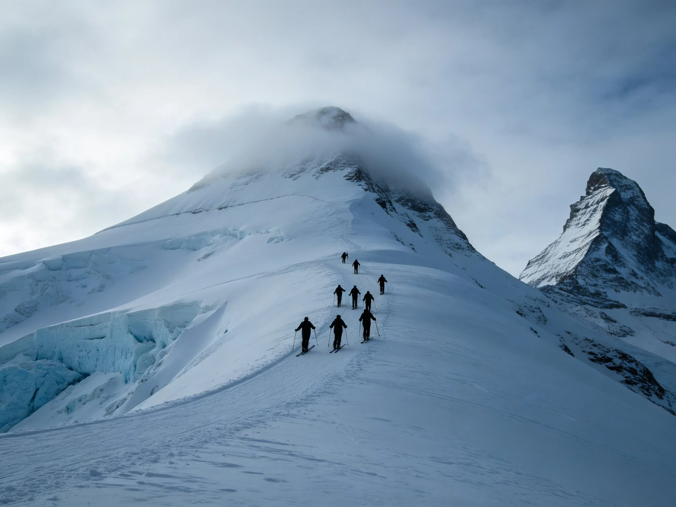 Skiers ascend a snow-covered mountain slope near a cloud-shrouded peak