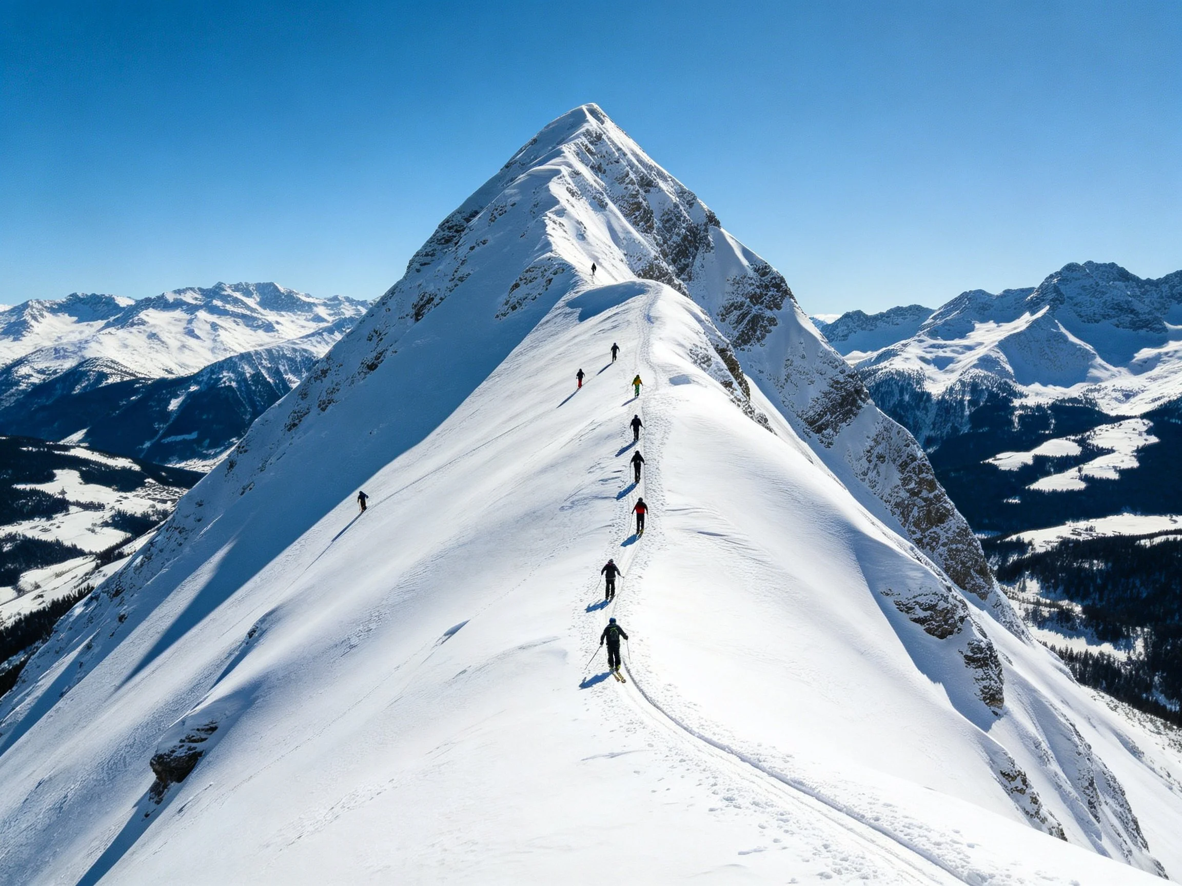 Skiers climbing a snow-laden mountain ridge under clear blue skies