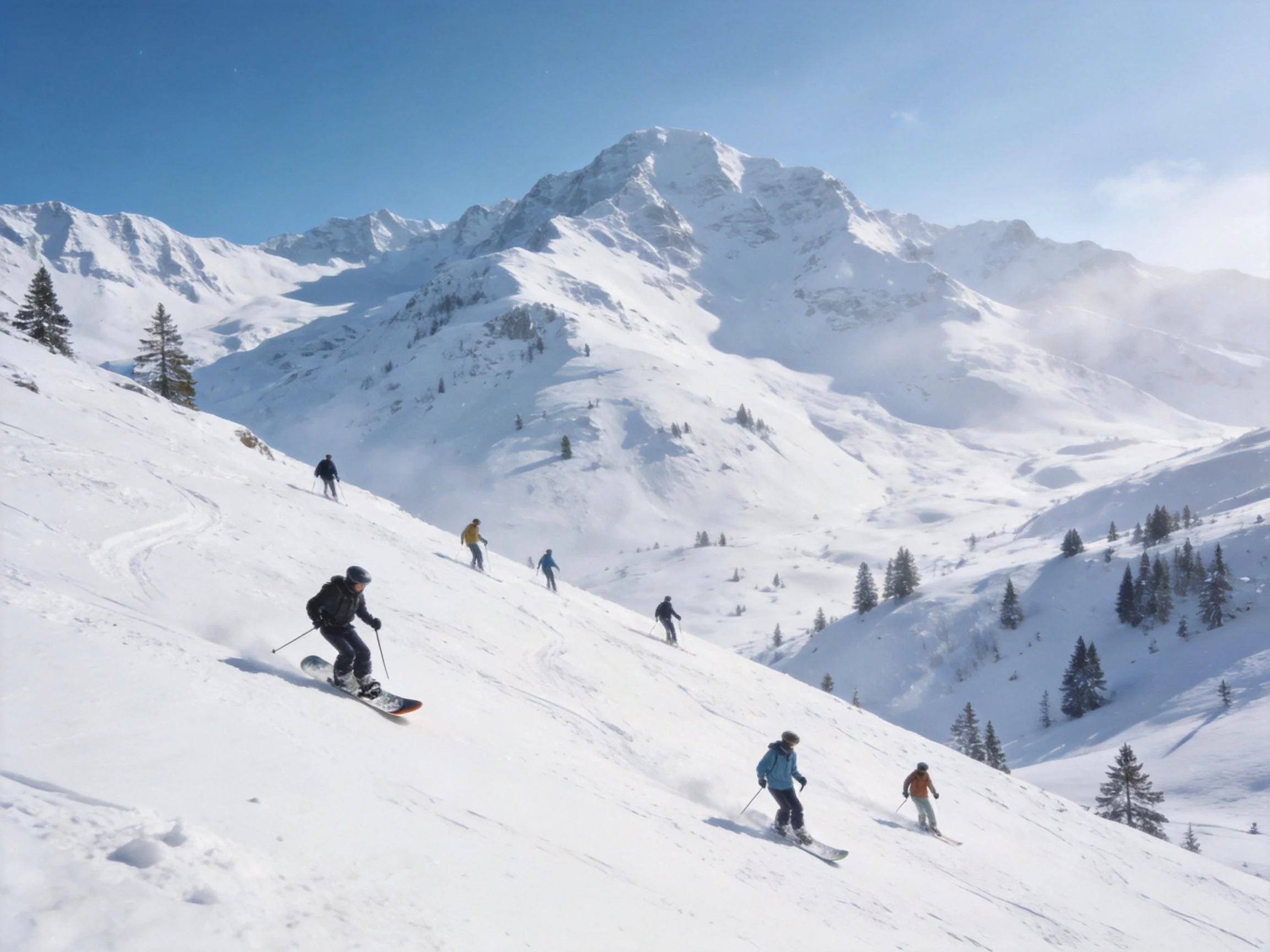 Skiers descending a snow-covered mountain slope under clear blue skies