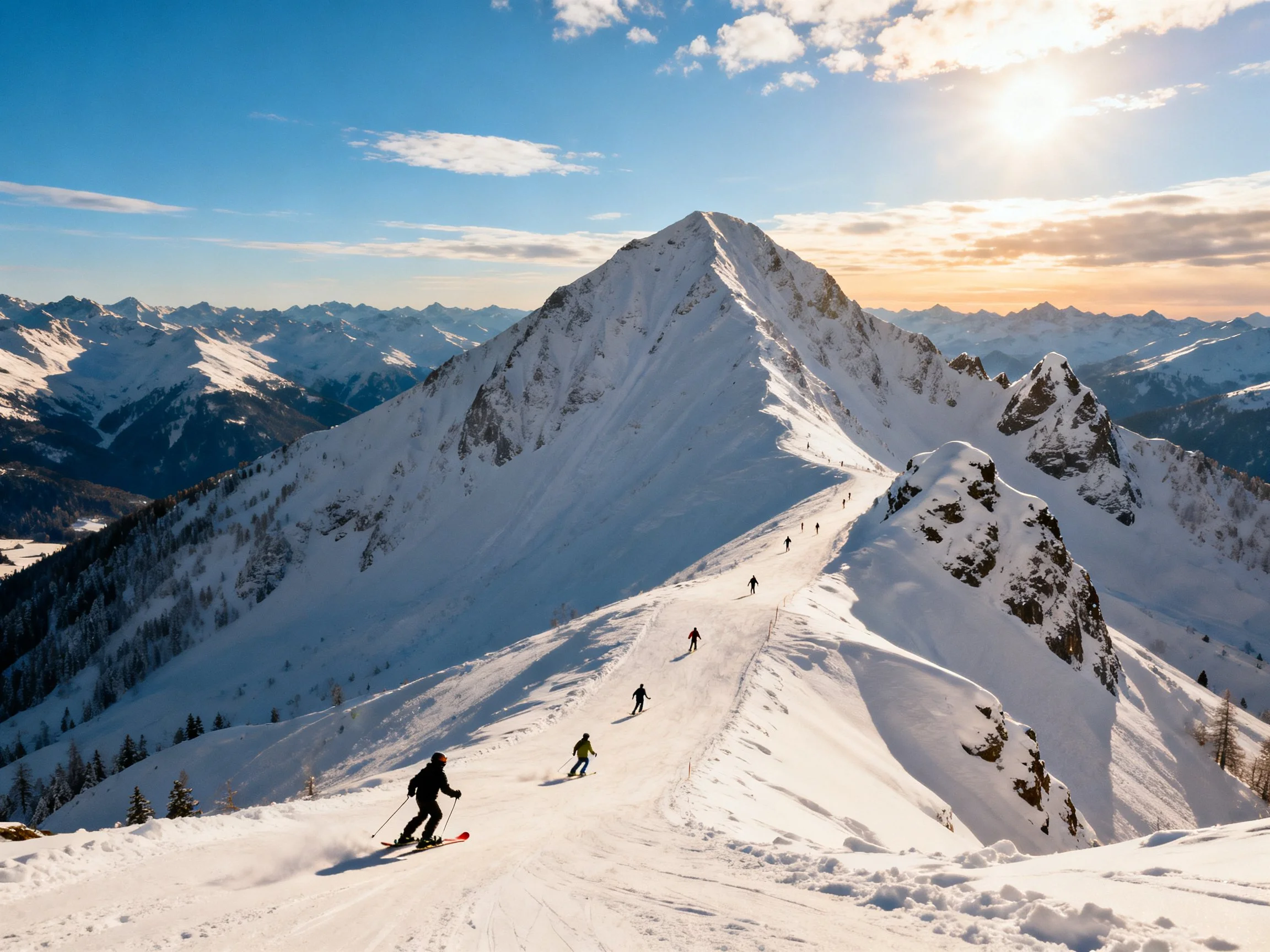 Skiers descending a snow-laden mountain ridge amid towering peaks