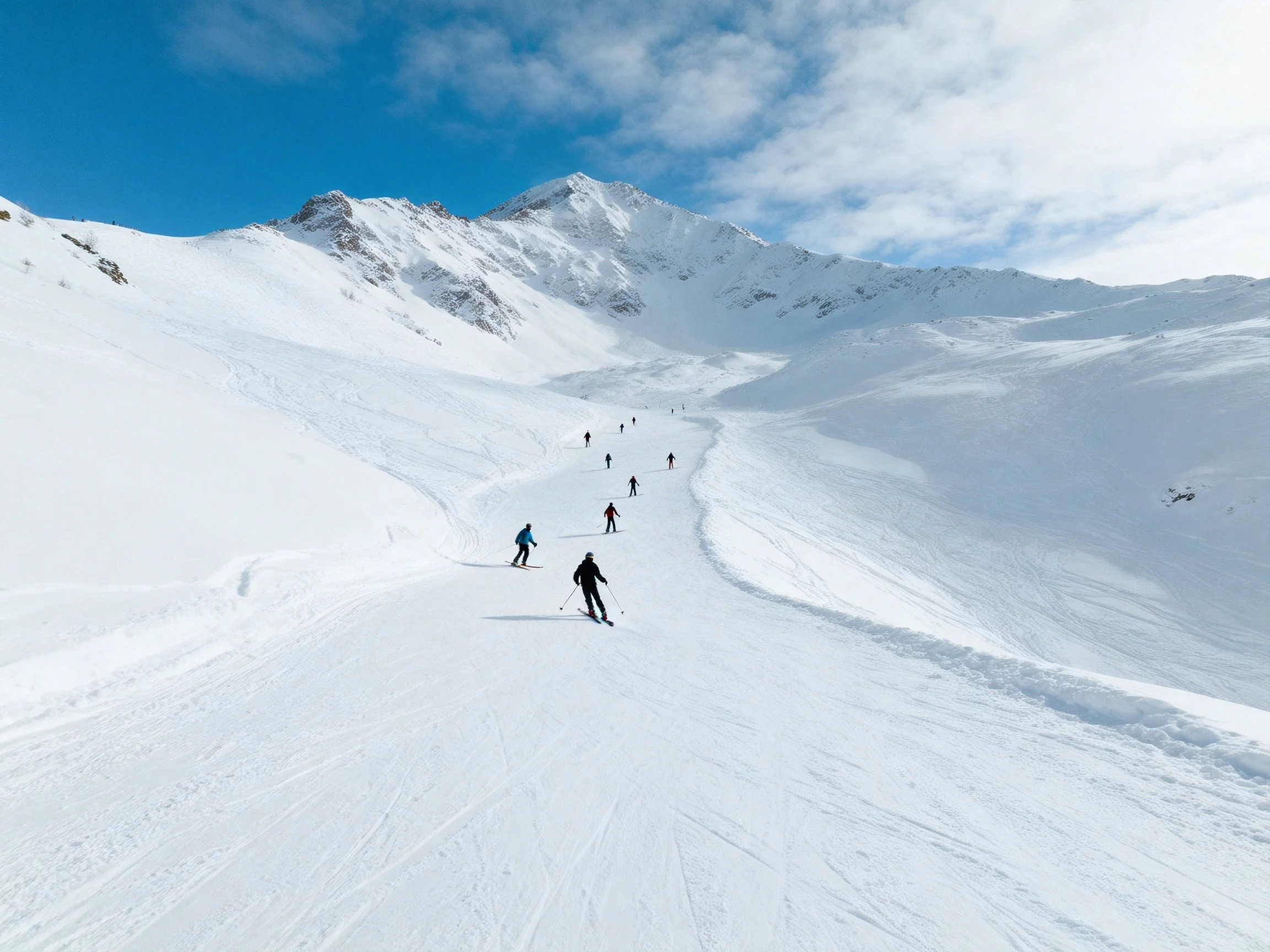 Skiers descending a wide snowy mountain slope under clear blue skies