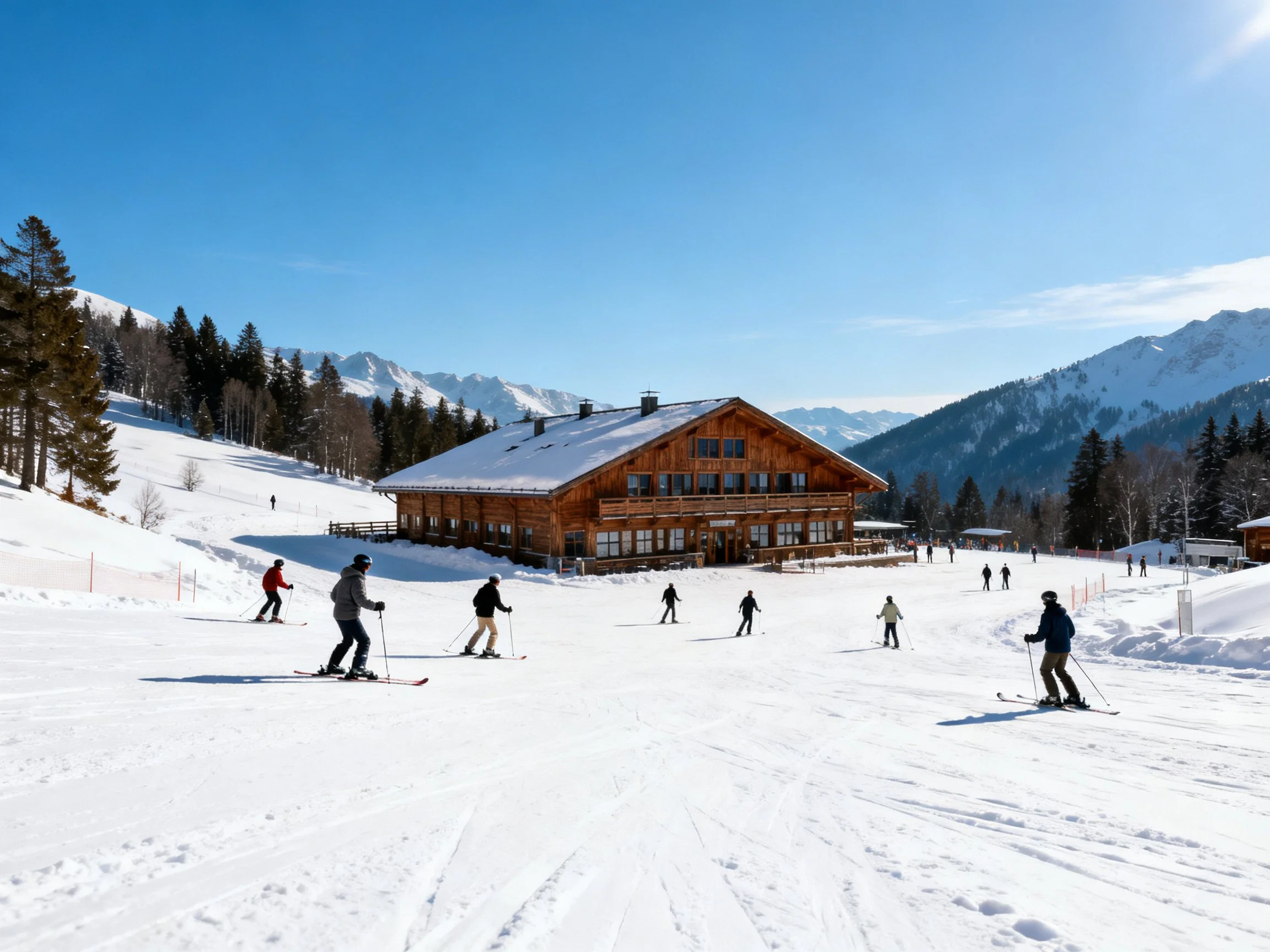 Skiers near a large wooden lodge on a sunny snowy mountain slope