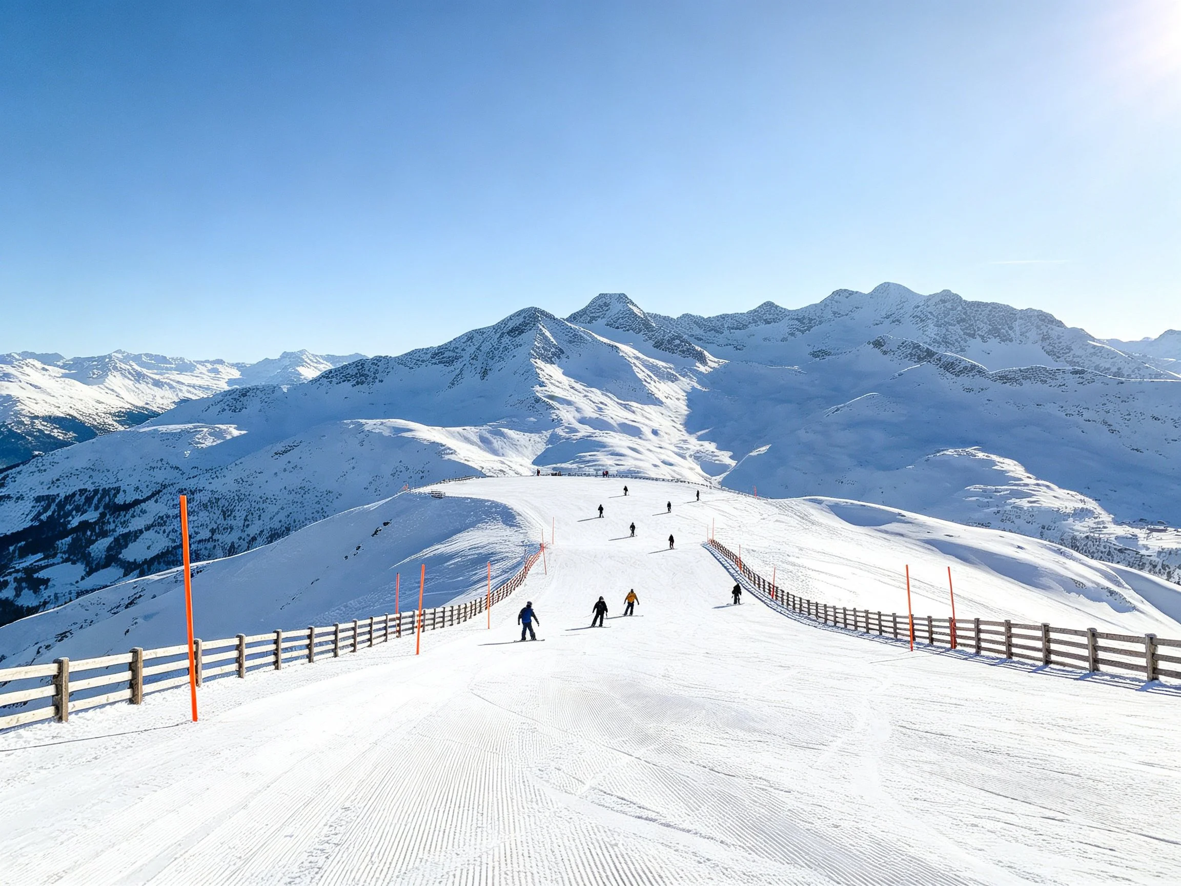 Skiers on groomed slope near snow-capped mountains under clear blue sky