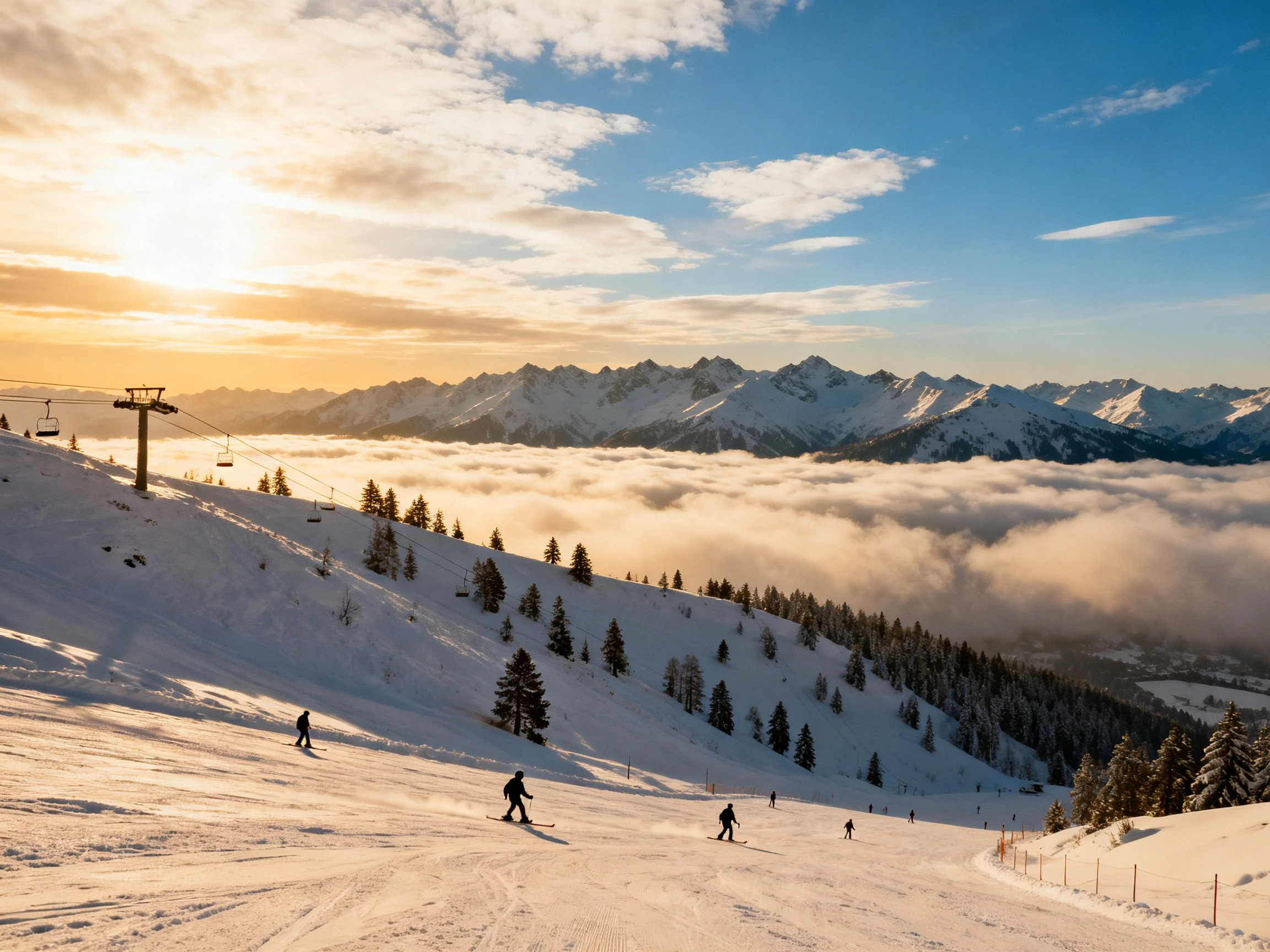 Skiers on snowy slope with mountain peaks and cloud inversion