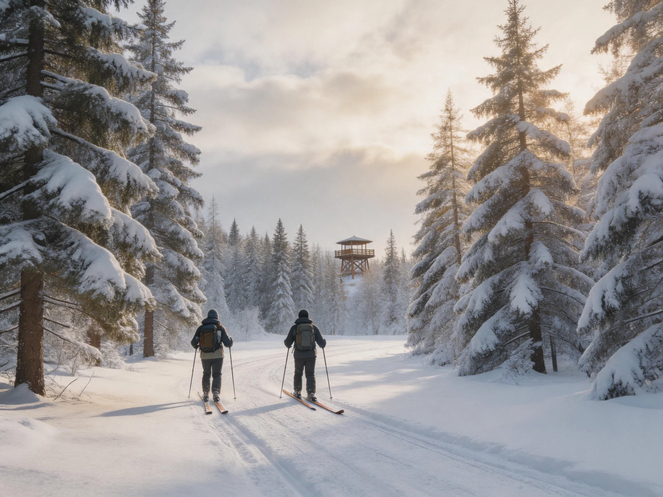 Skiers traverse snow-laden pine forests near a wooden observation tower