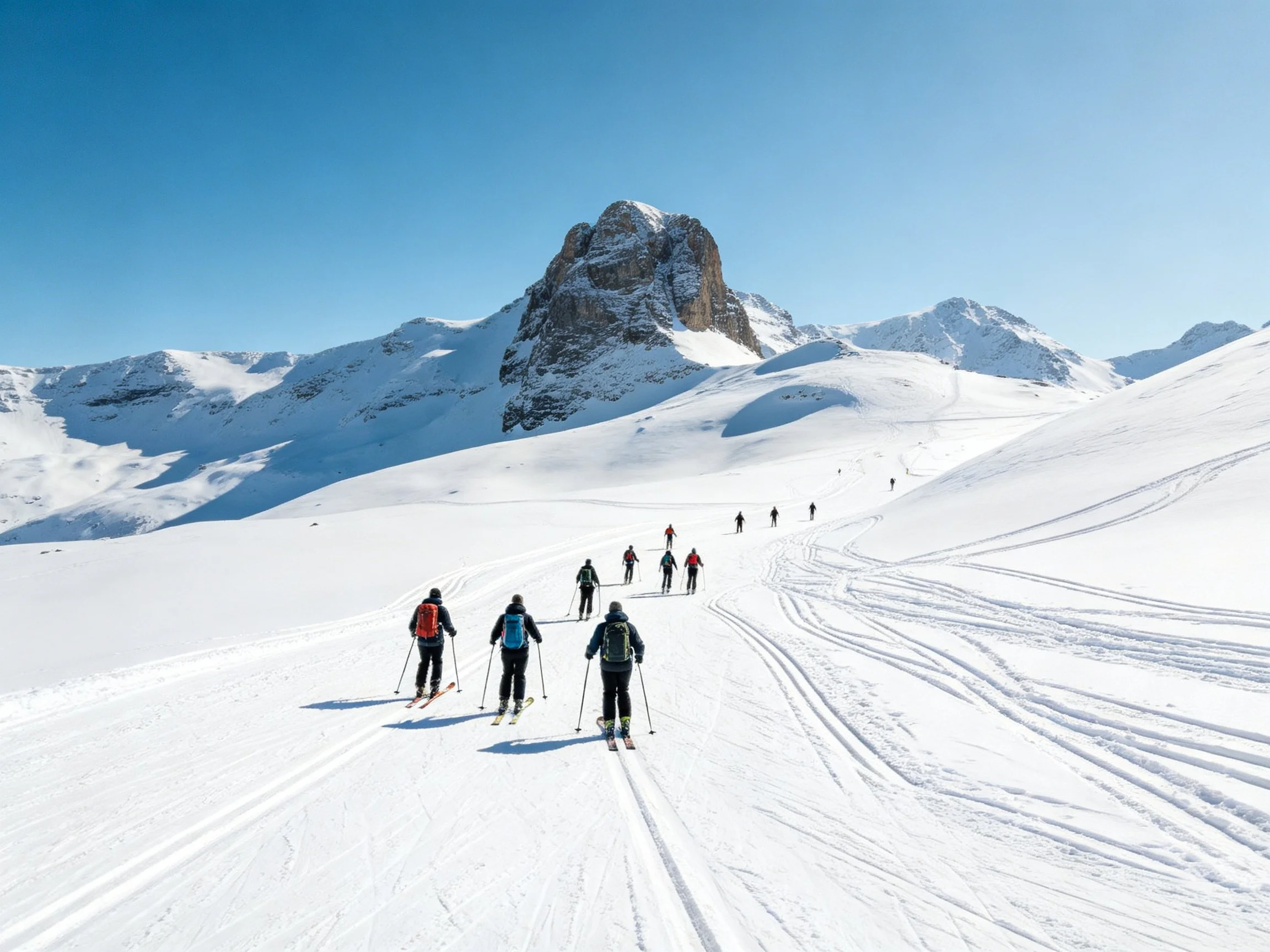 Skiers traverse snowy mountain slopes near rocky peaks under clear blue sky