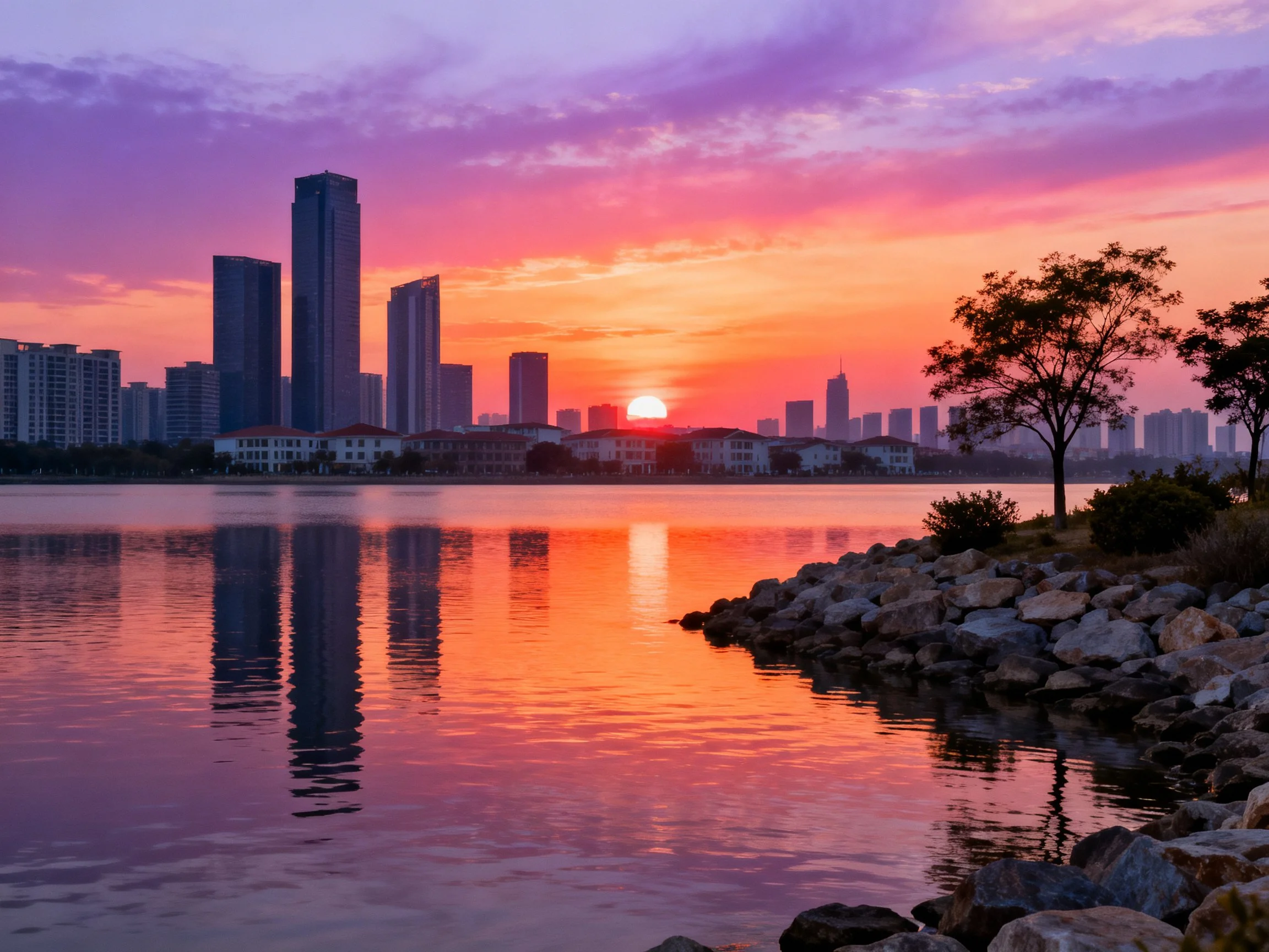 Skyscrapers Reflect in Calm Water Under Vivid Sunset Hues