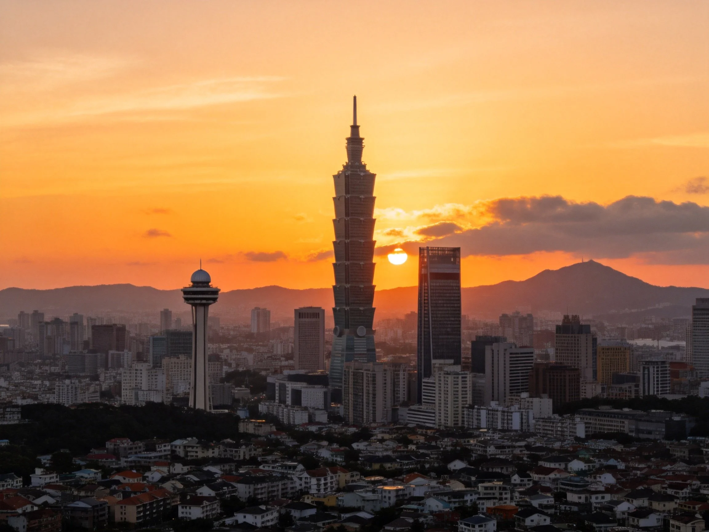 Skyscrapers and iconic tower against vibrant sunset sky