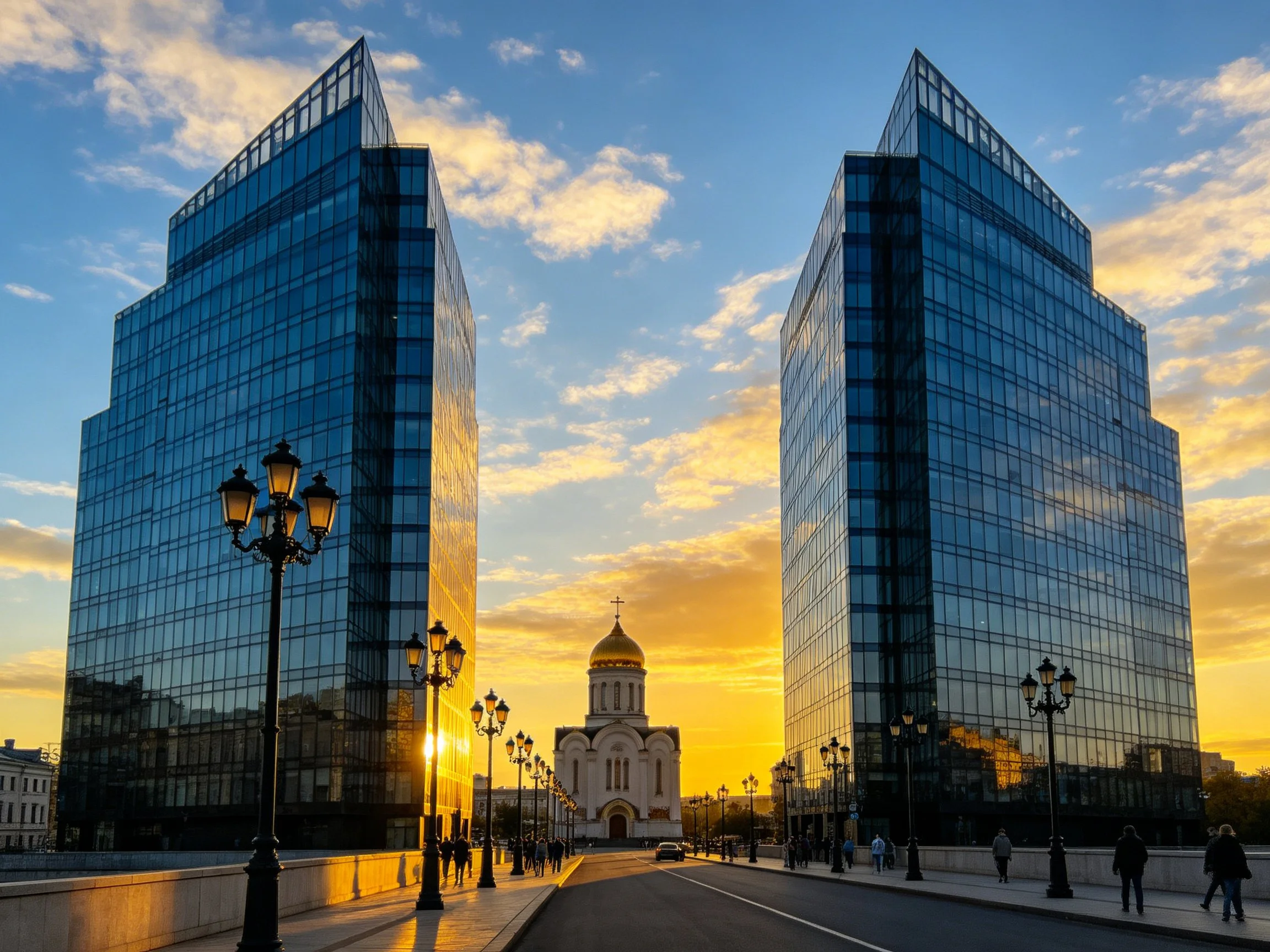 Sleek glass towers flank a domed church at sunset