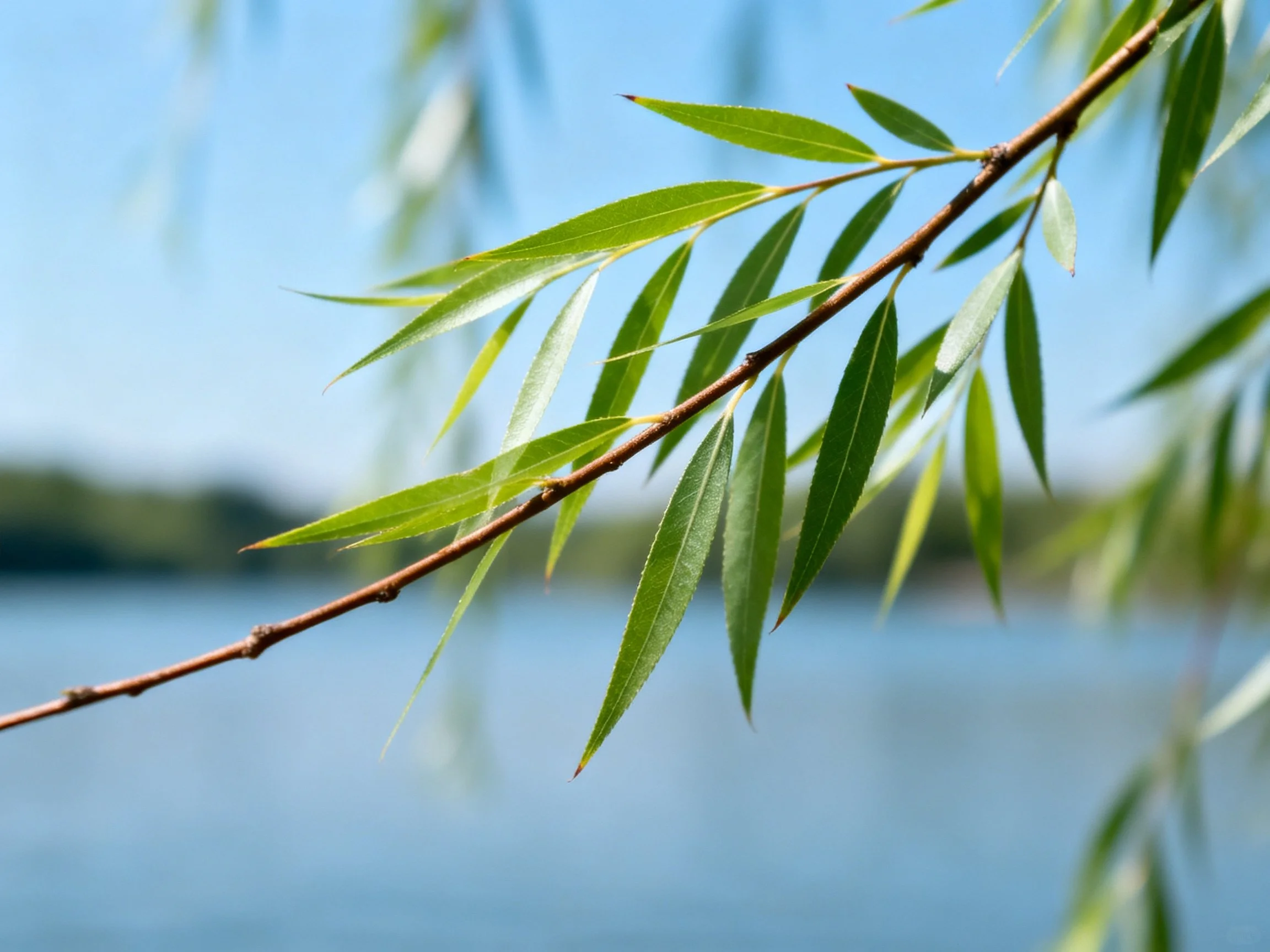 Slender green willow leaves on brown branch near calm blue water