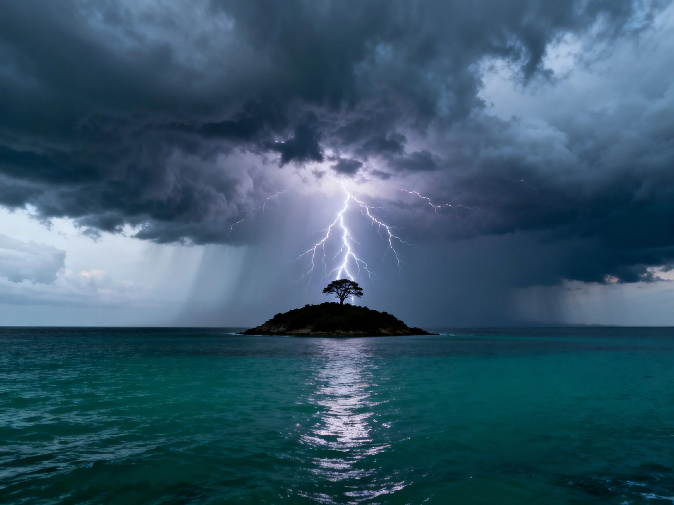 Small island with single tree struck by lightning amid dark storm clouds