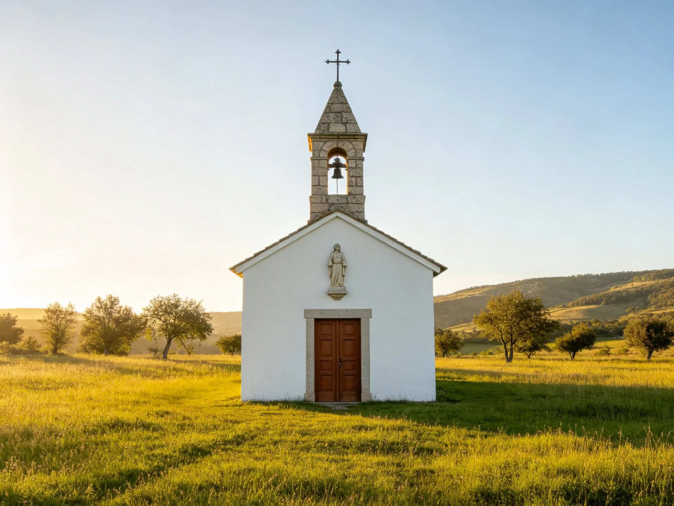 Small white chapel with stone bell tower in sunlit field