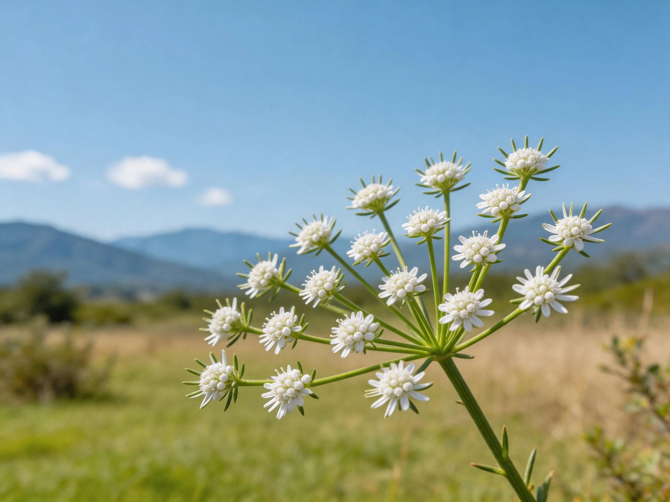 Small white wildflowers in a sunny meadow with distant mountains