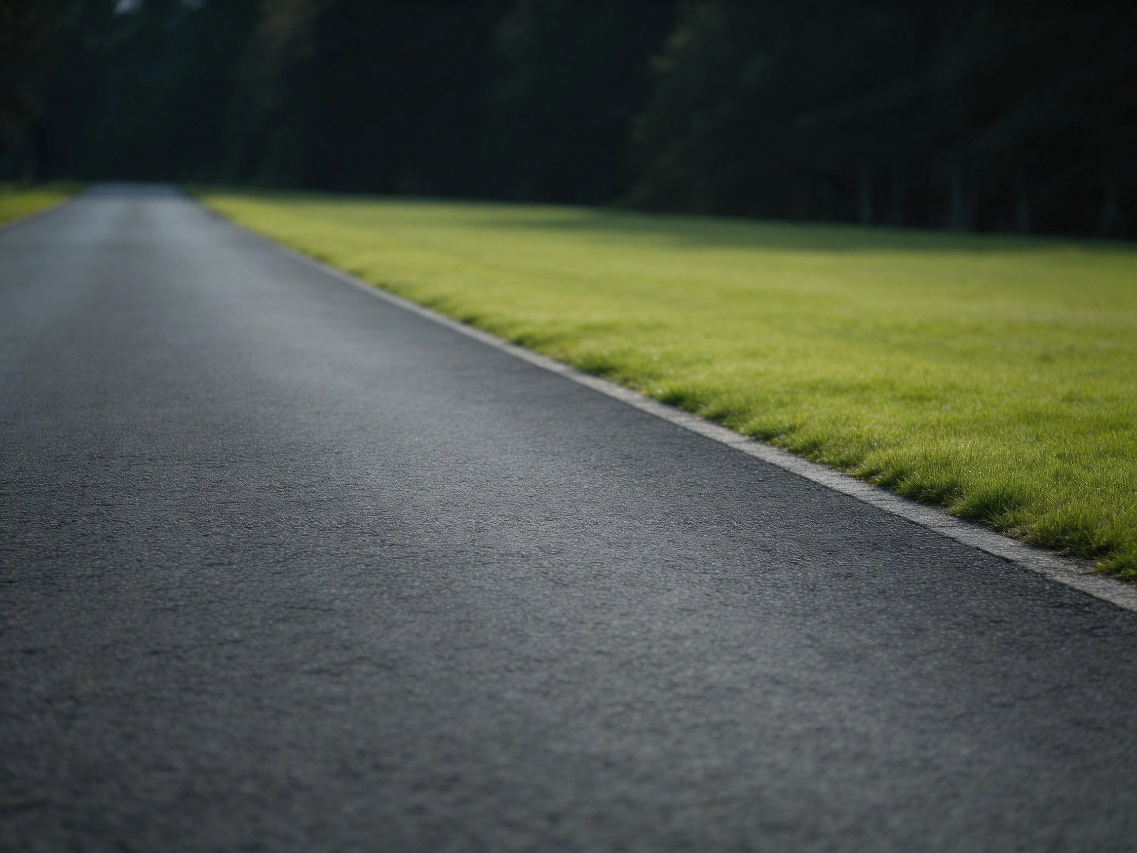 Smooth asphalt road stretches beside green grass toward dark forest