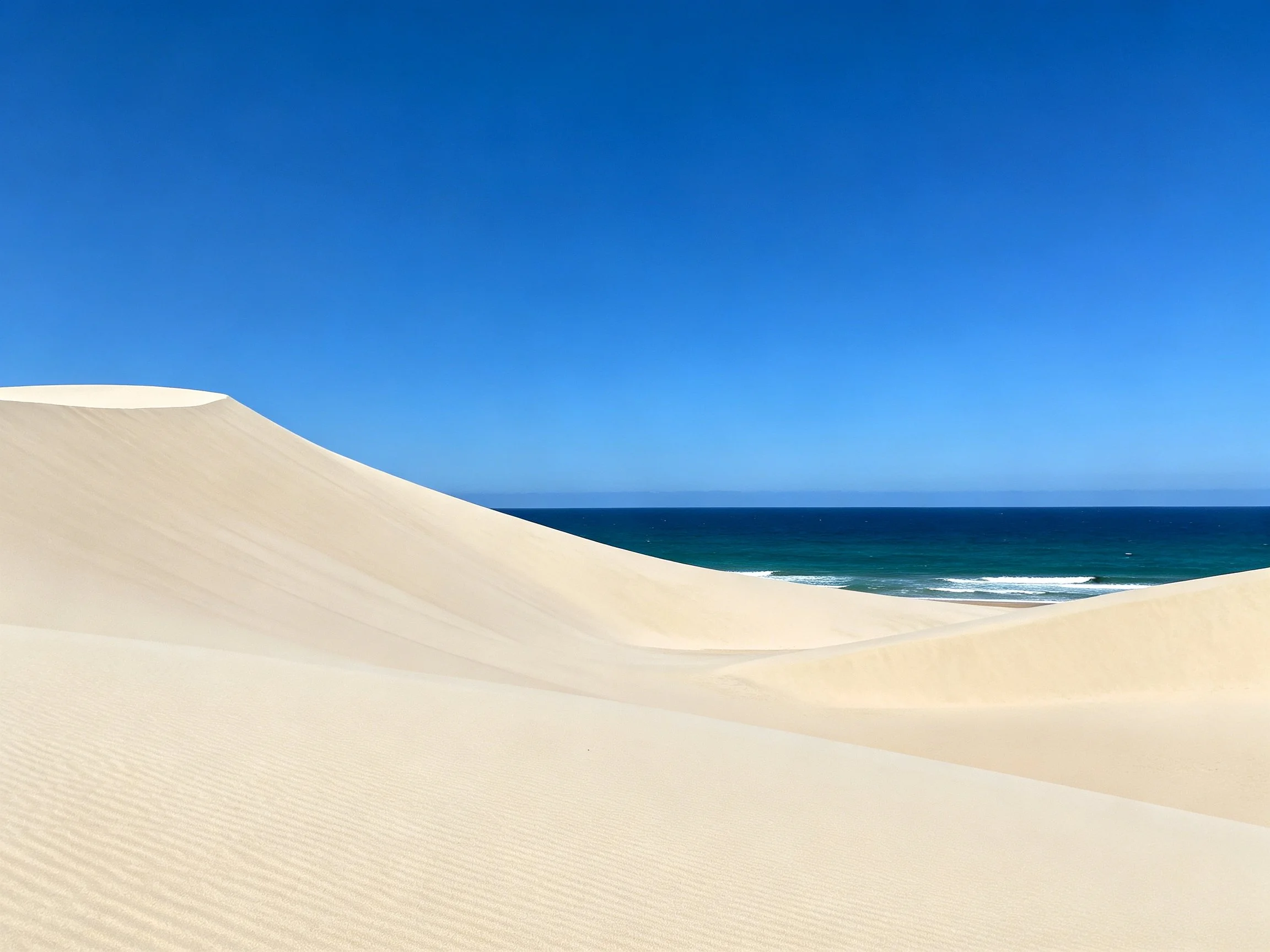 Smooth beige sand dunes curve toward turquoise ocean under clear blue sky
