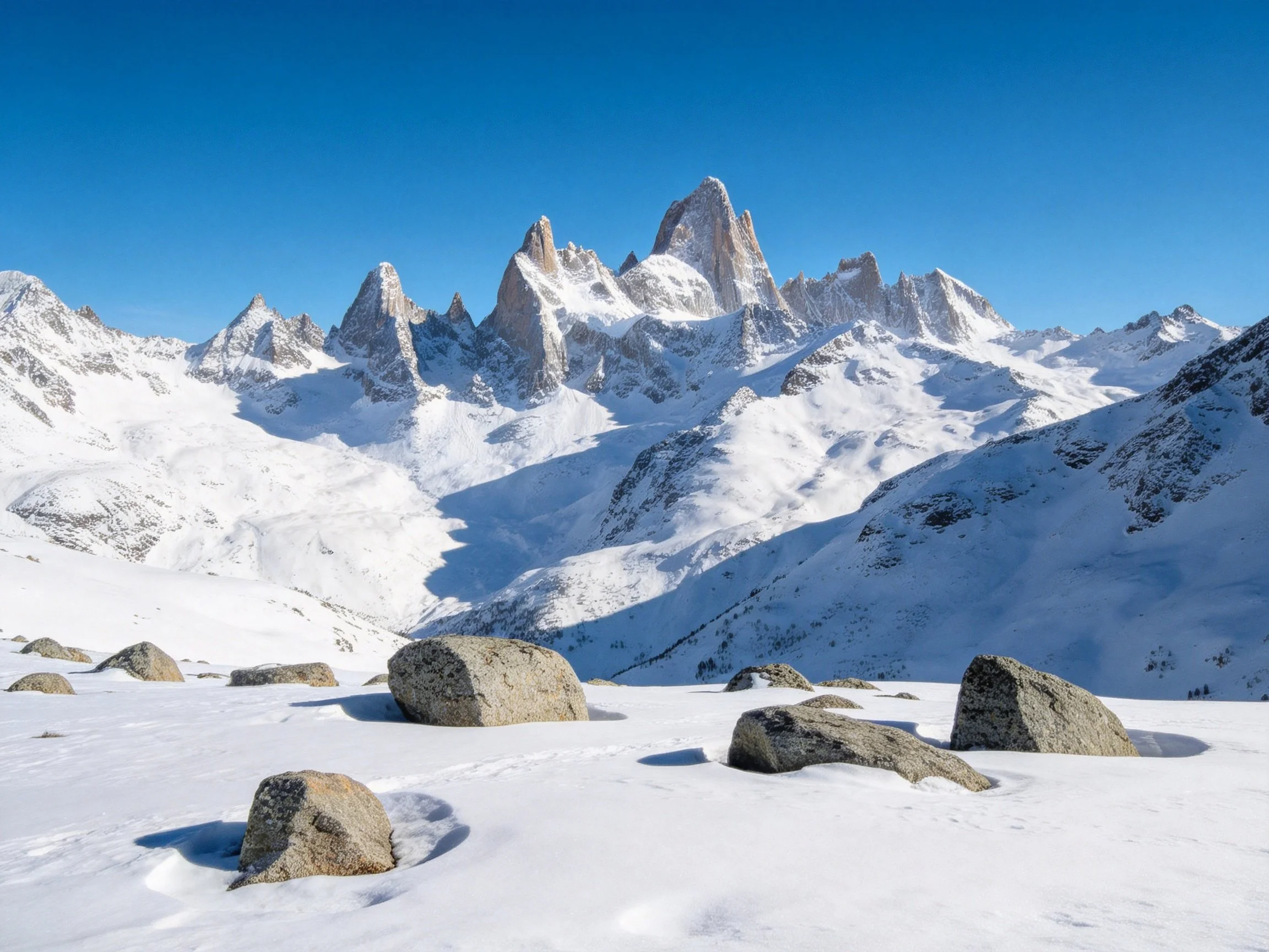 Snow-Capped Alpine Peaks with Rocky Snowfield Foreground