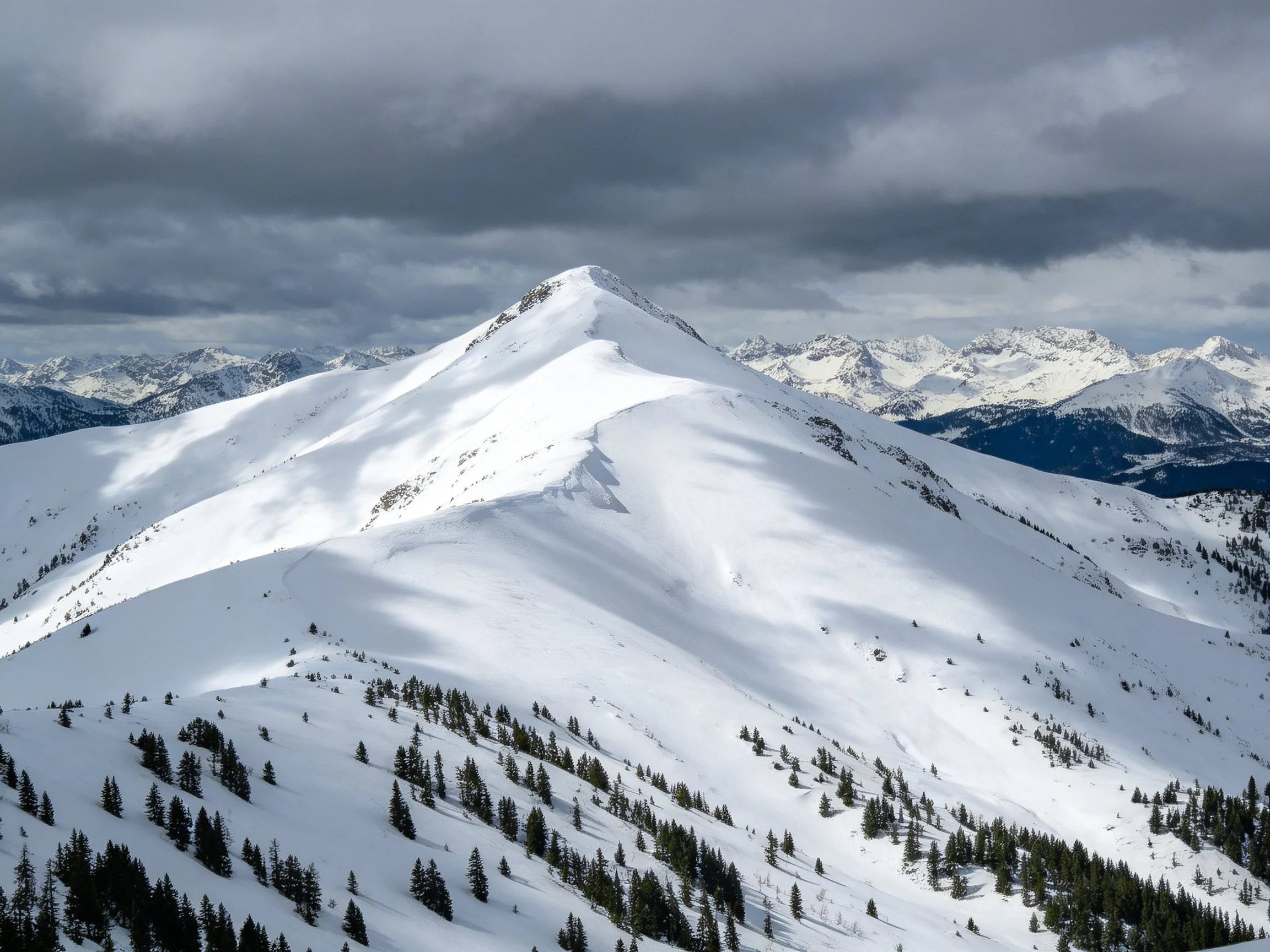 Snow-Capped Central Peak with Scattered Pine Trees and Overcast Mountain Range
