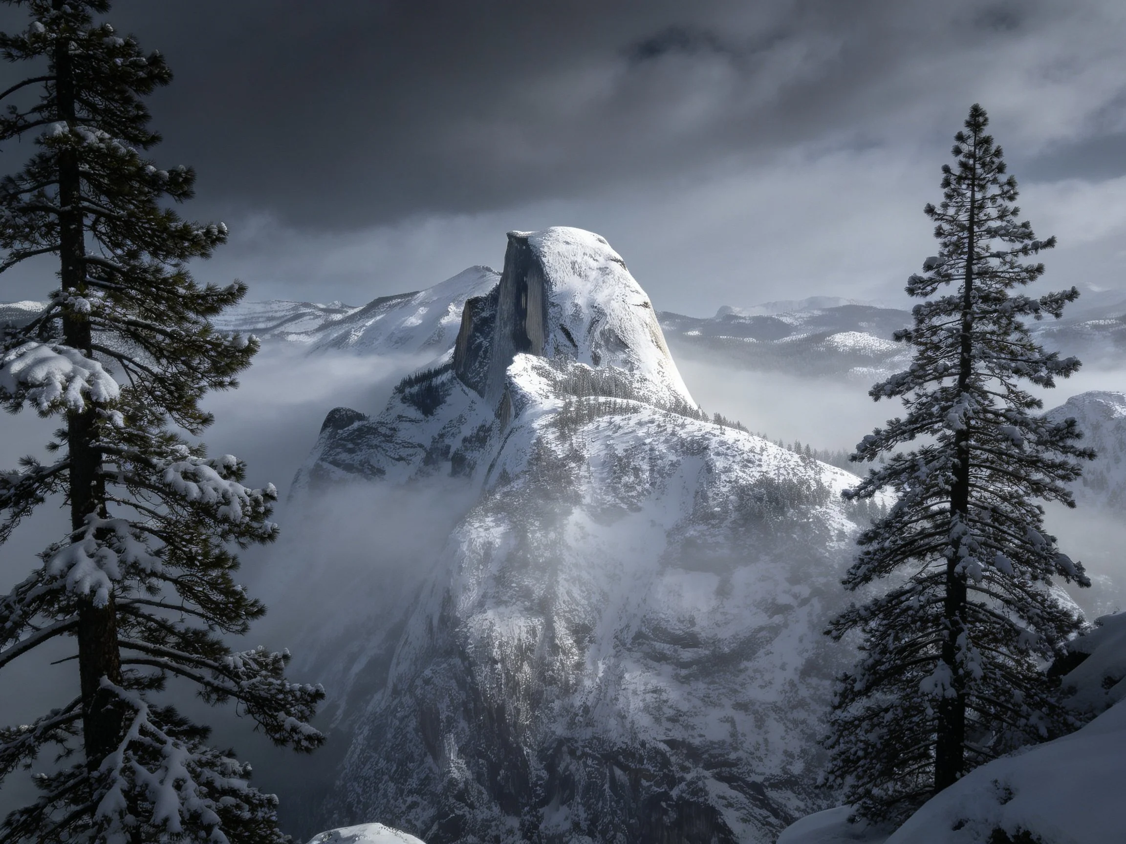 Snow-Capped Half Dome With Framing Pine Trees