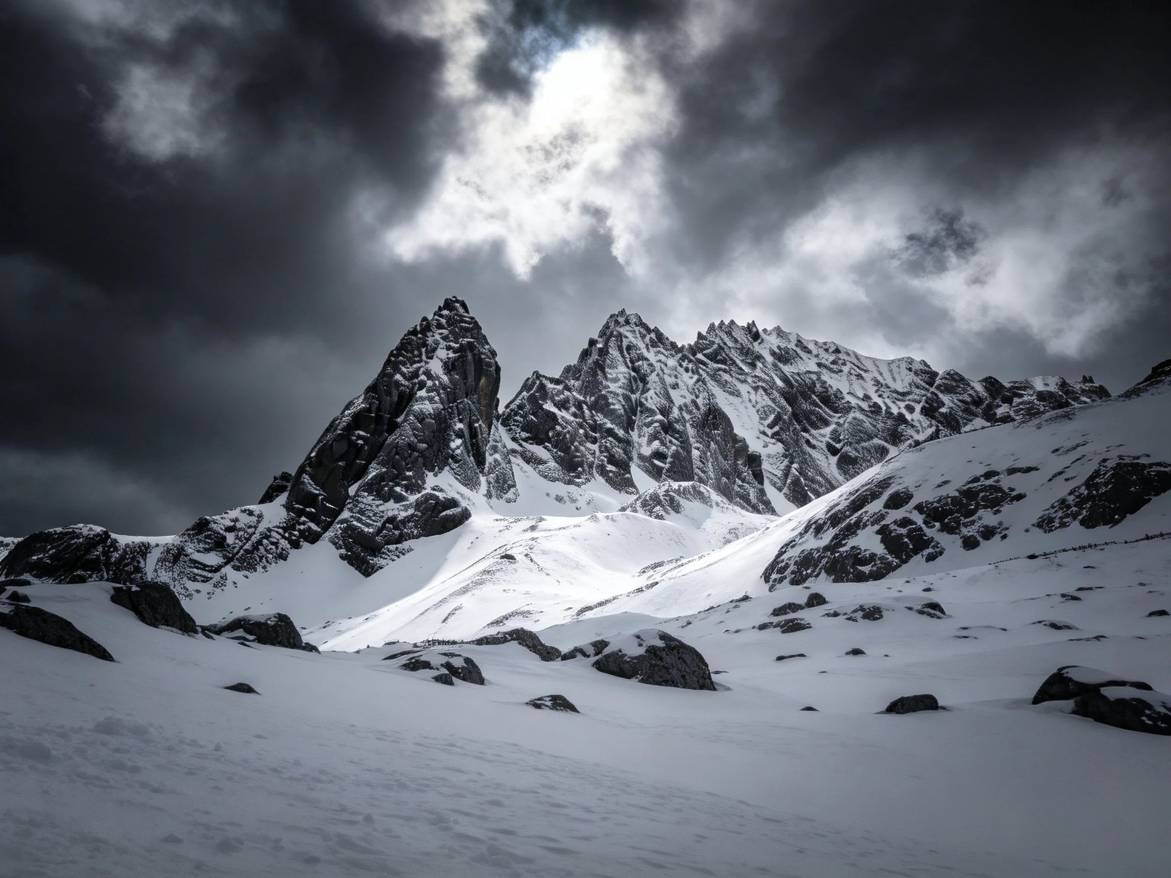 Snow-Capped Jagged Peaks Beneath Dark Stormy Skies