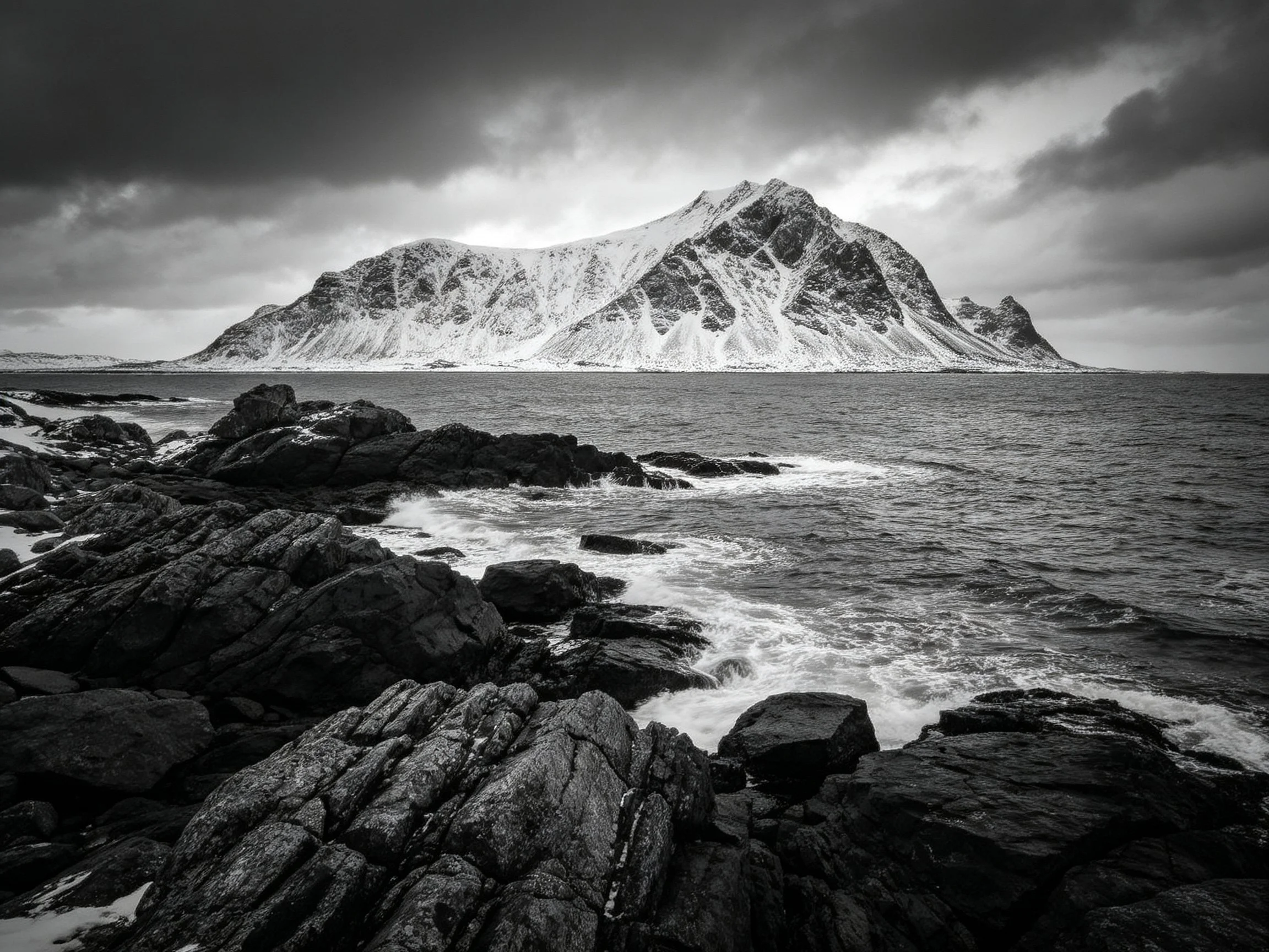 Snow-Capped Mountain Overlooks Rocky Coastal Waters Under Dark Stormy Sky