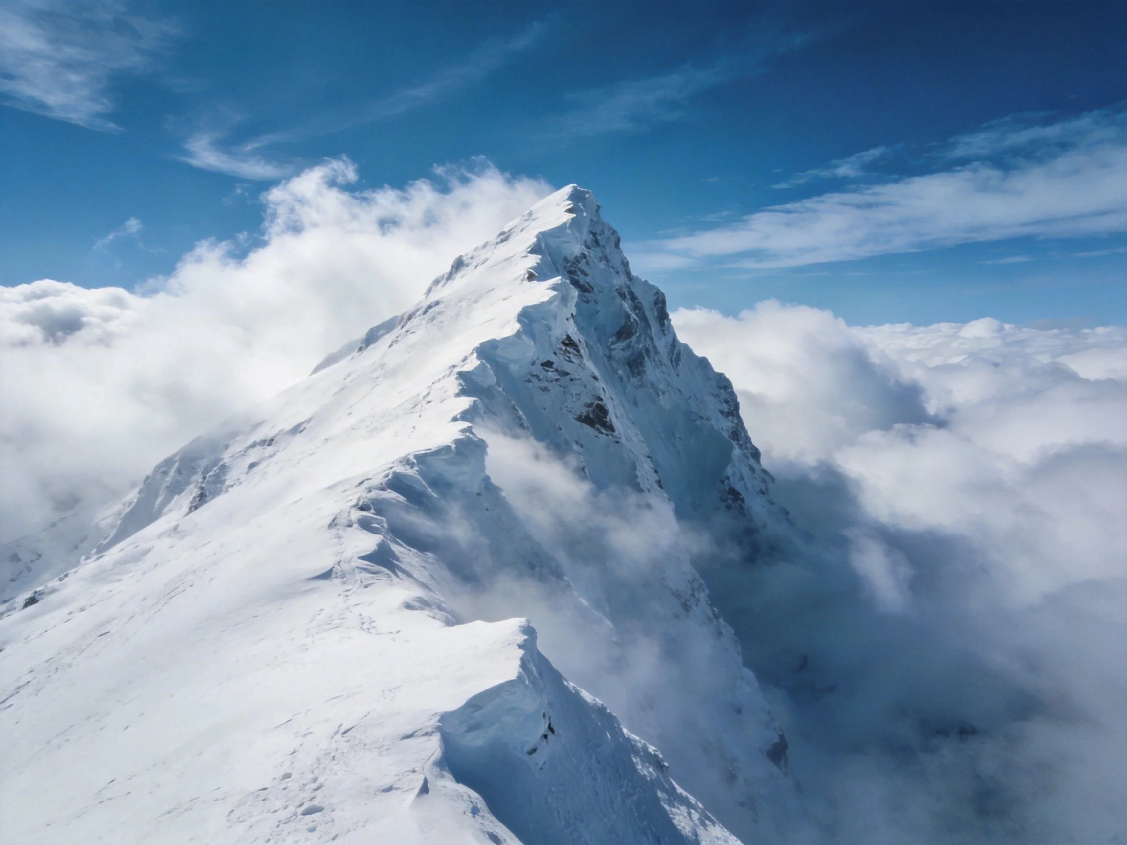 Snow-Capped Mountain Peak Rising Above Clouds