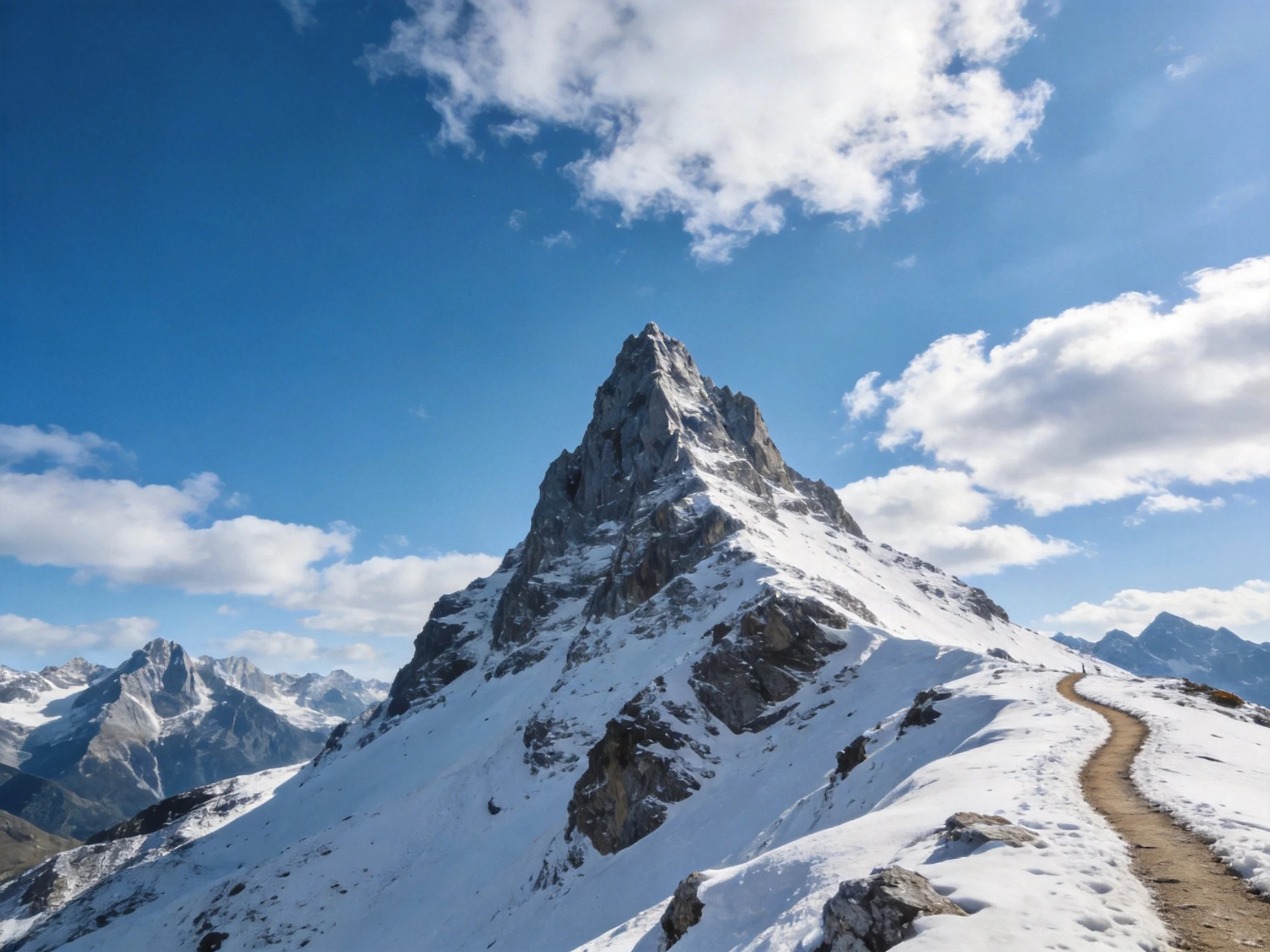 Snow-Capped Mountain Peak Under Bright Blue Sky