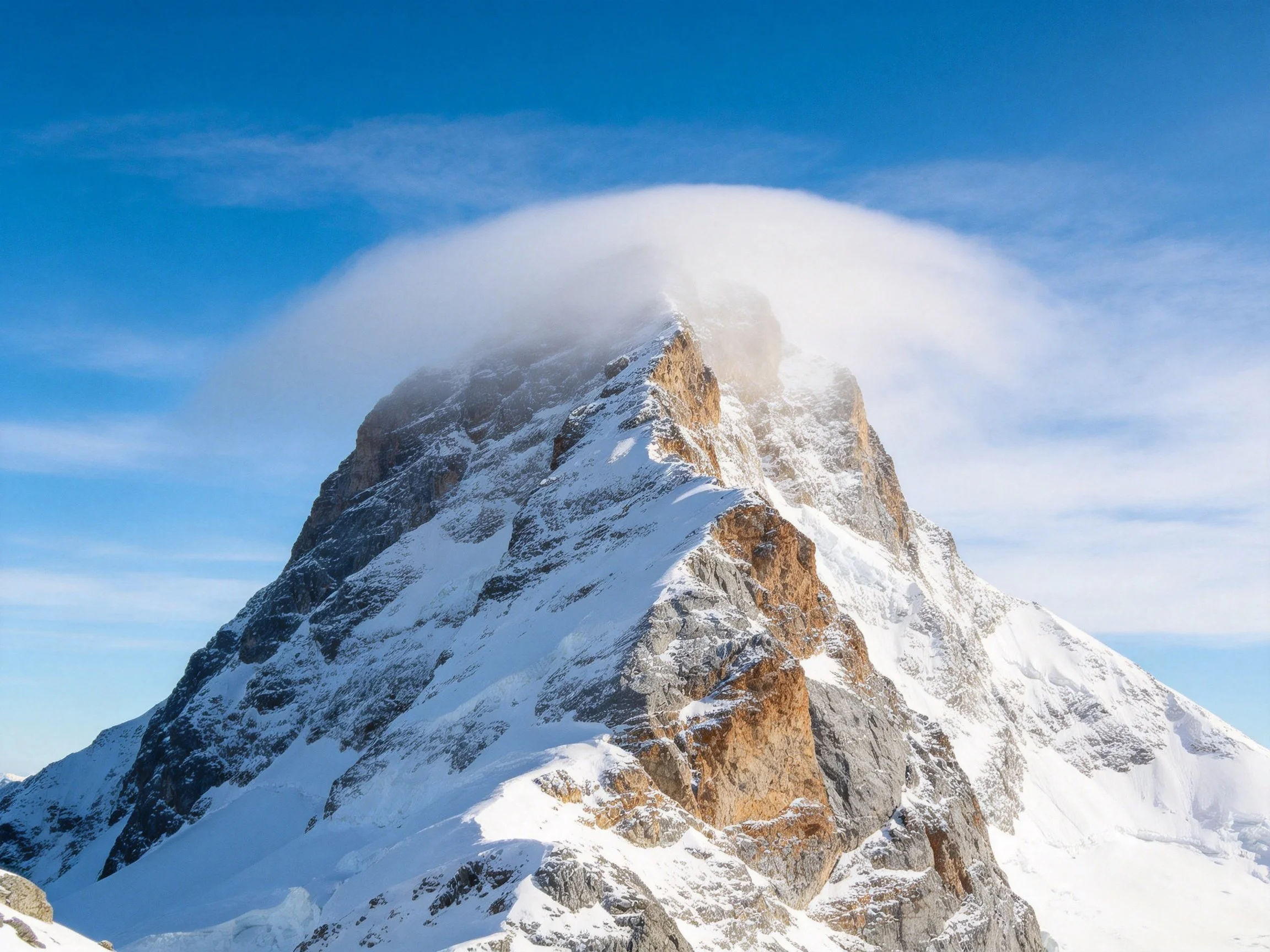 Snow-Capped Mountain Peak with Cloudy Summit and Vibrant Blue Sky