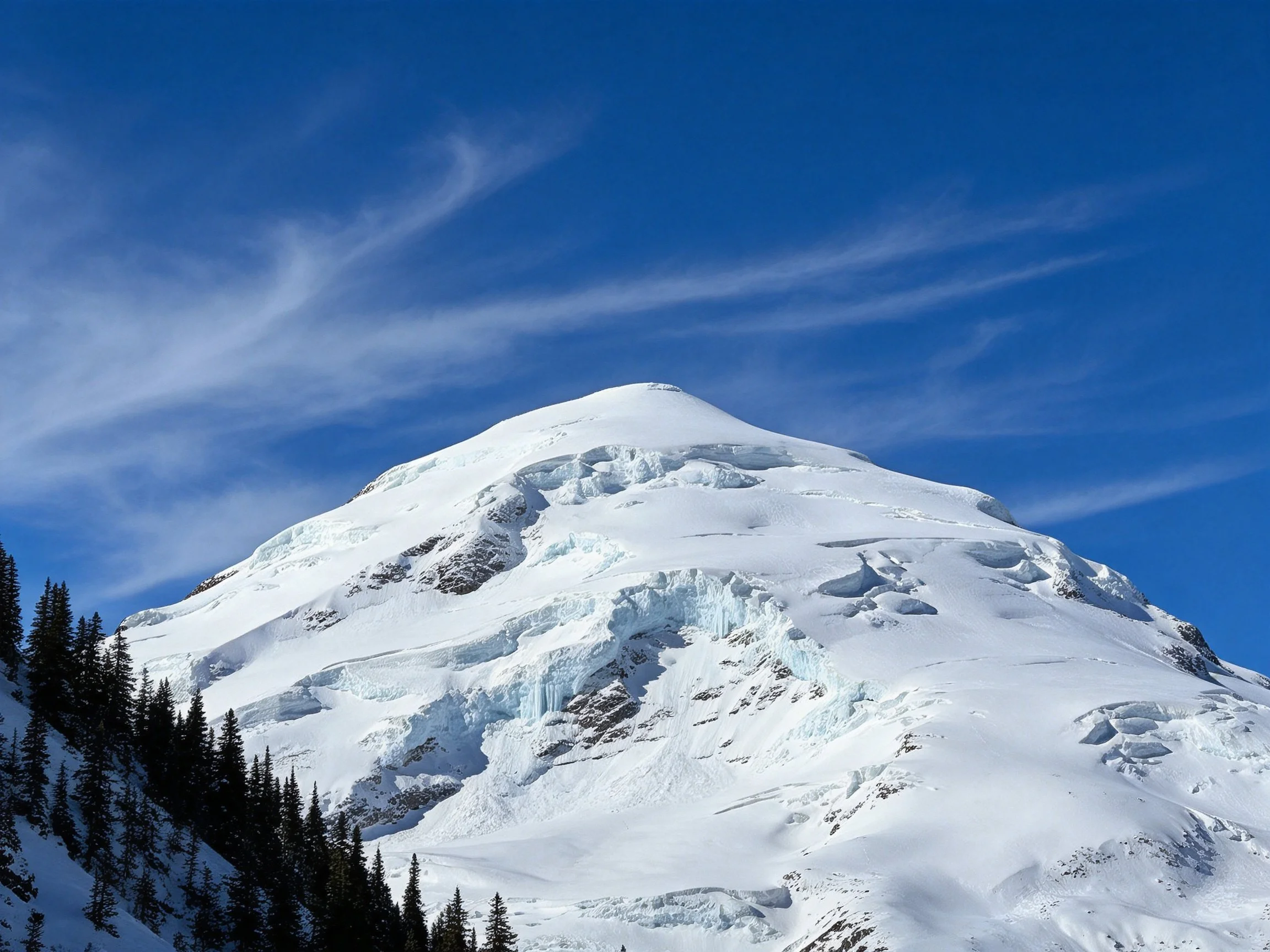 Snow - Capped Mountain Peak with Glacial Features and Clear Blue Sky