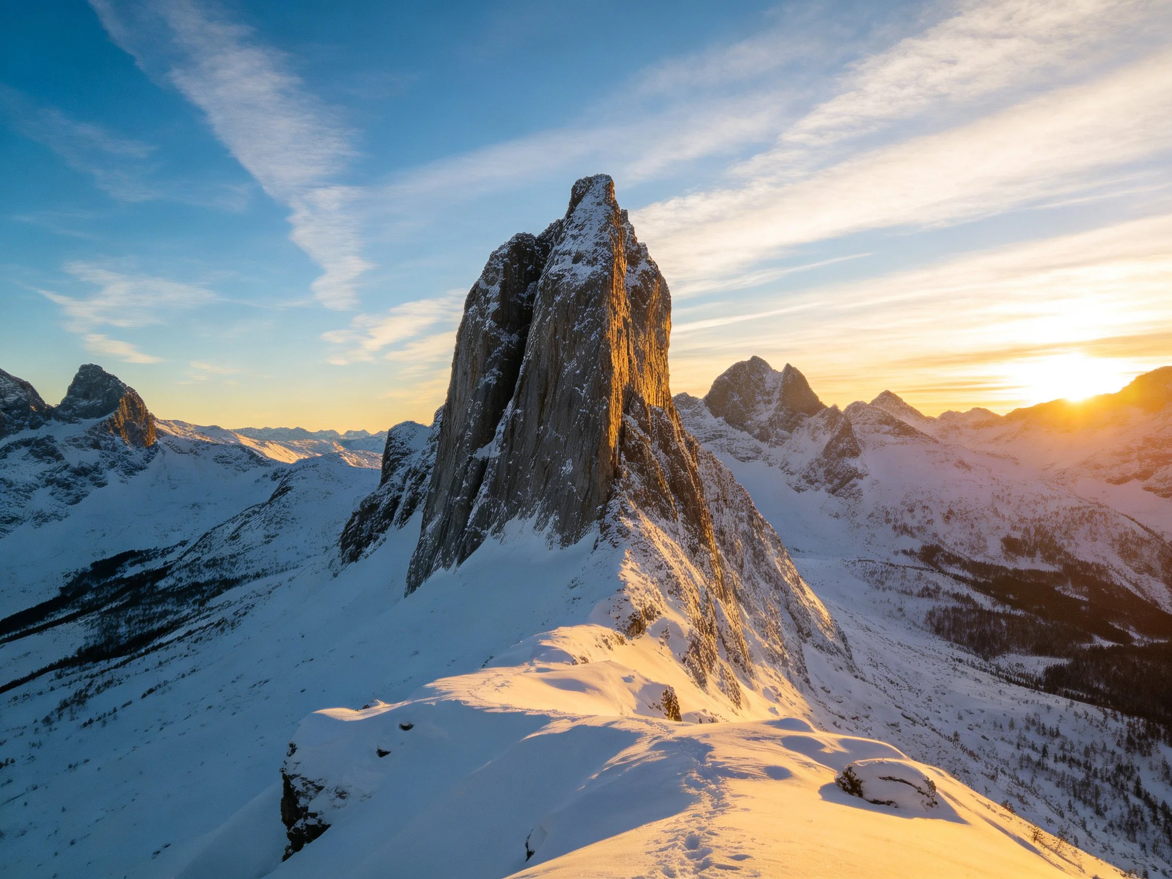 Snow-Capped Mountain Peak with Rocky Formation at Sunset