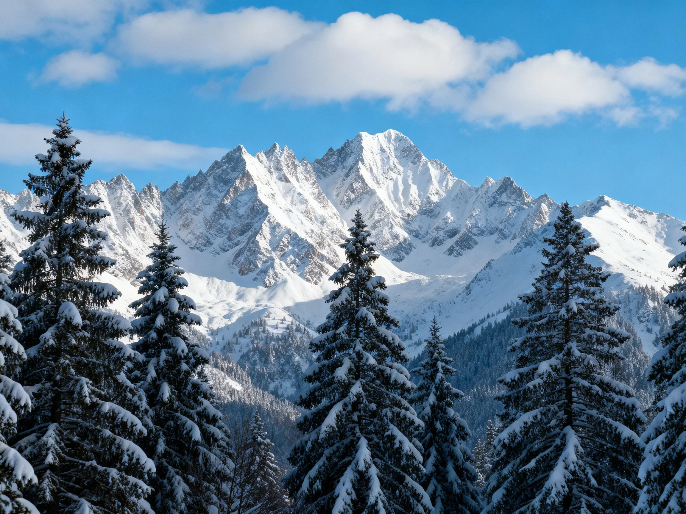 Snow-Capped Mountain Peaks Behind Snow-Laden Pine Forest Under Blue Sky