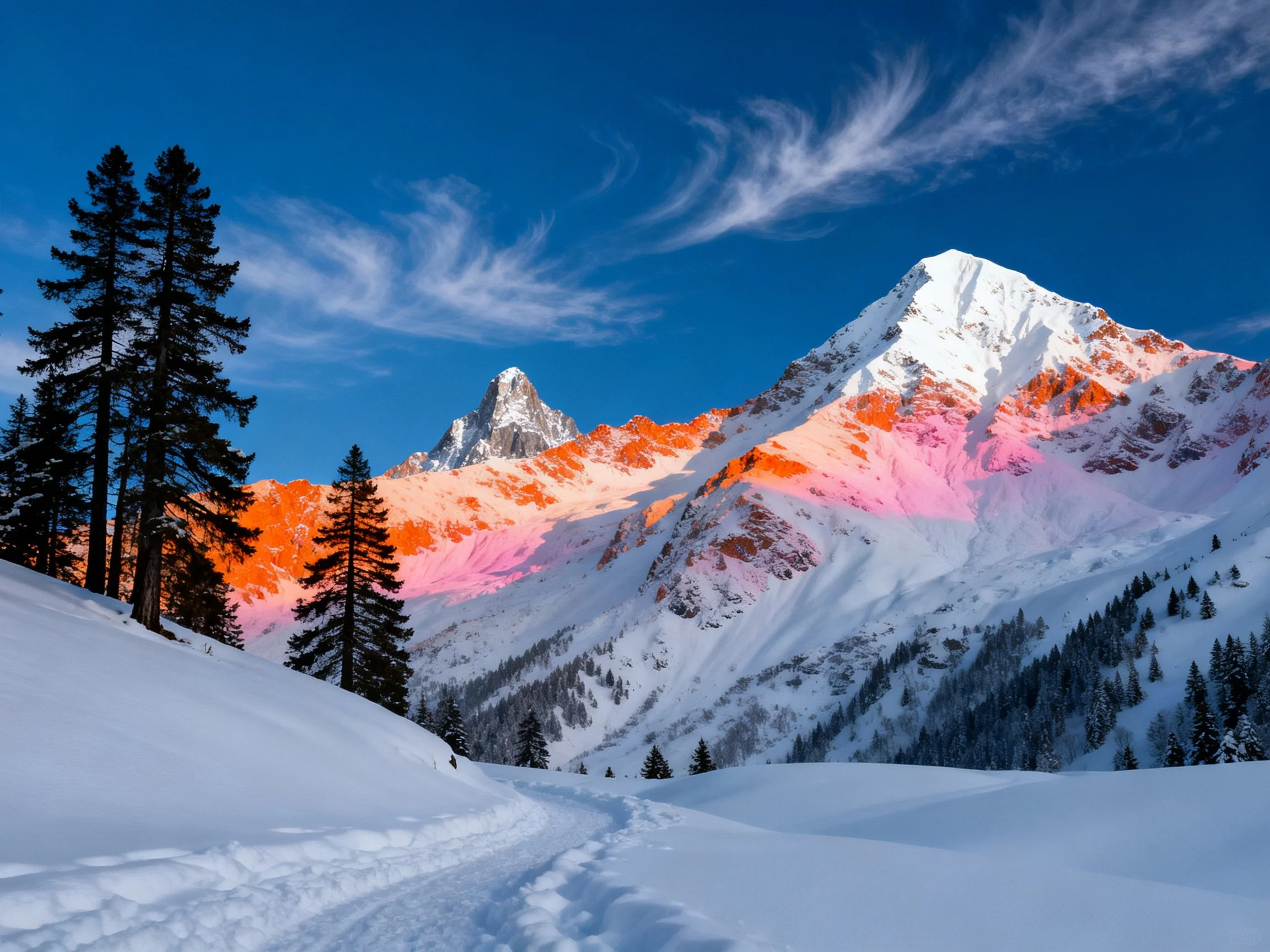 Snow-Capped Mountain Peaks Glowing with Pink-Orange Hues Near Evergreen Forest