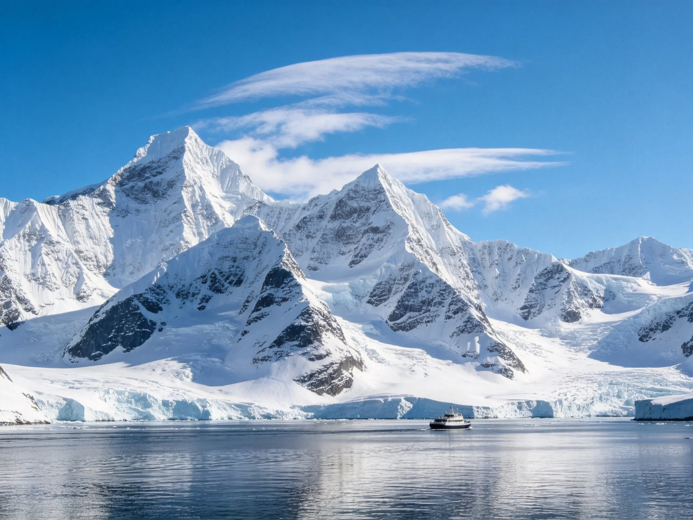 Snow-Capped Mountain Peaks Over Icy Waters With a Boat