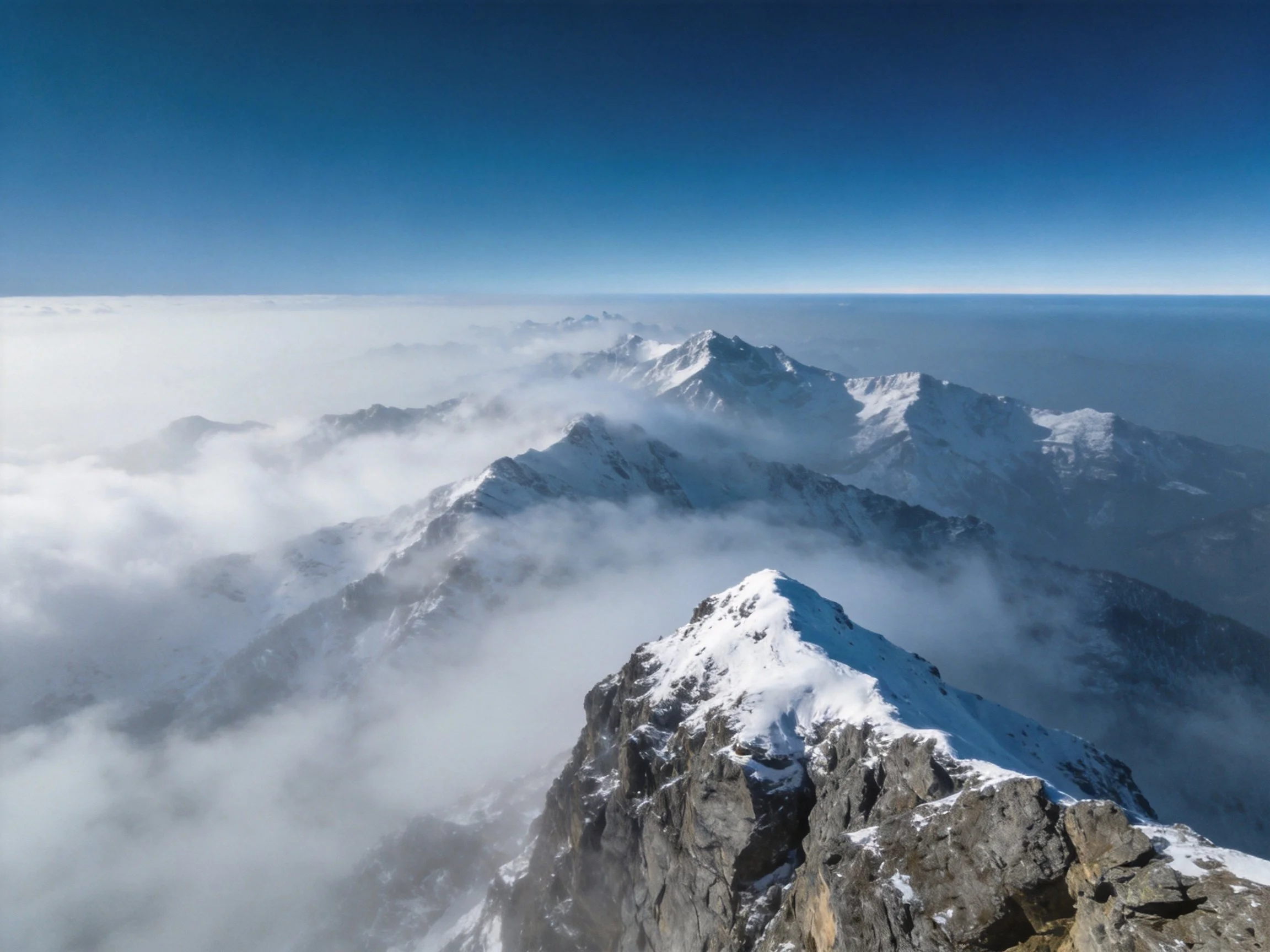 Snow-Capped Mountain Peaks Rise Above Cloudy Valleys Under Deep Blue Sky