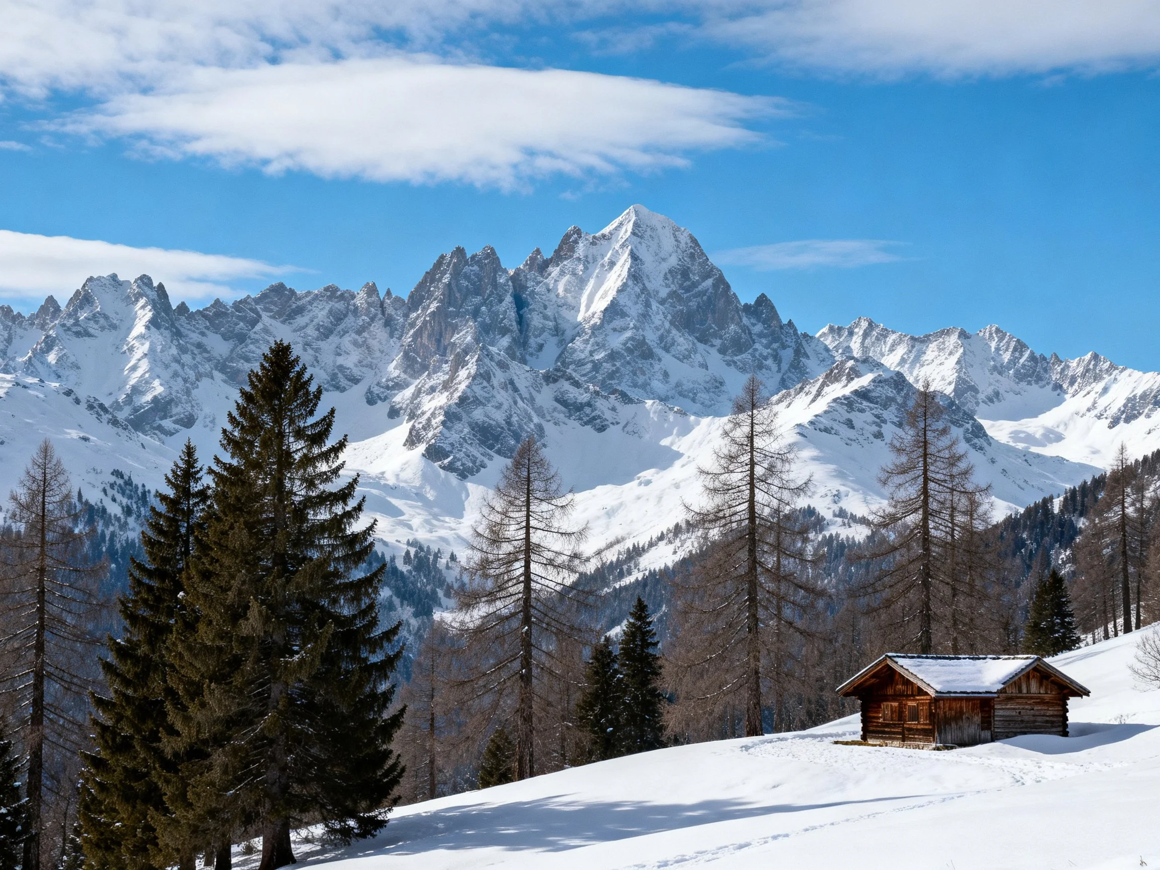 Snow-Capped Mountain Peaks, Rustic Cabin, and Evergreen Trees