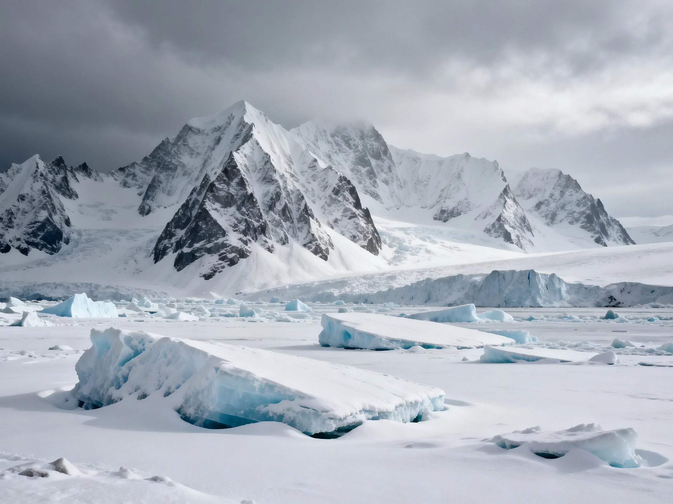 Snow-Capped Mountain Peaks and Floating Icebergs Under Overcast Conditions