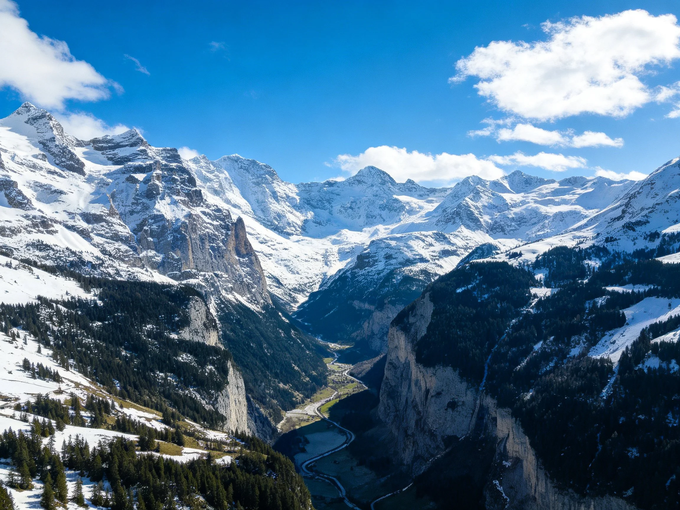 Snow-Capped Mountain Peaks and Forested Valleys Under Clear Blue Sky
