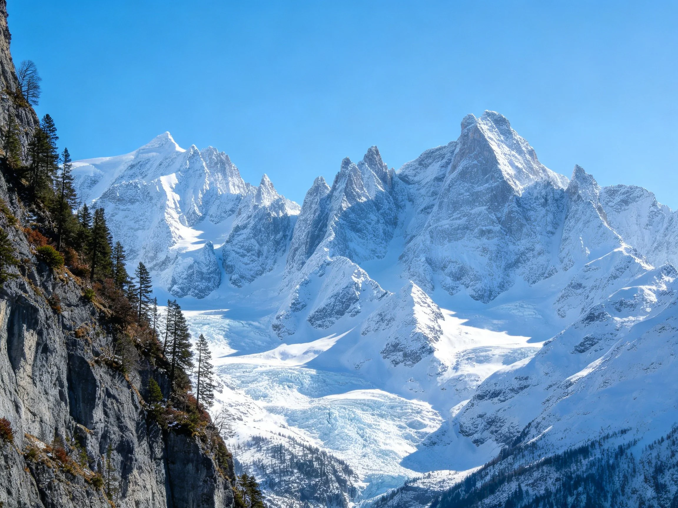 Snow-Capped Mountain Peaks and Rocky Cliffs Beneath a Clear Blue Sky