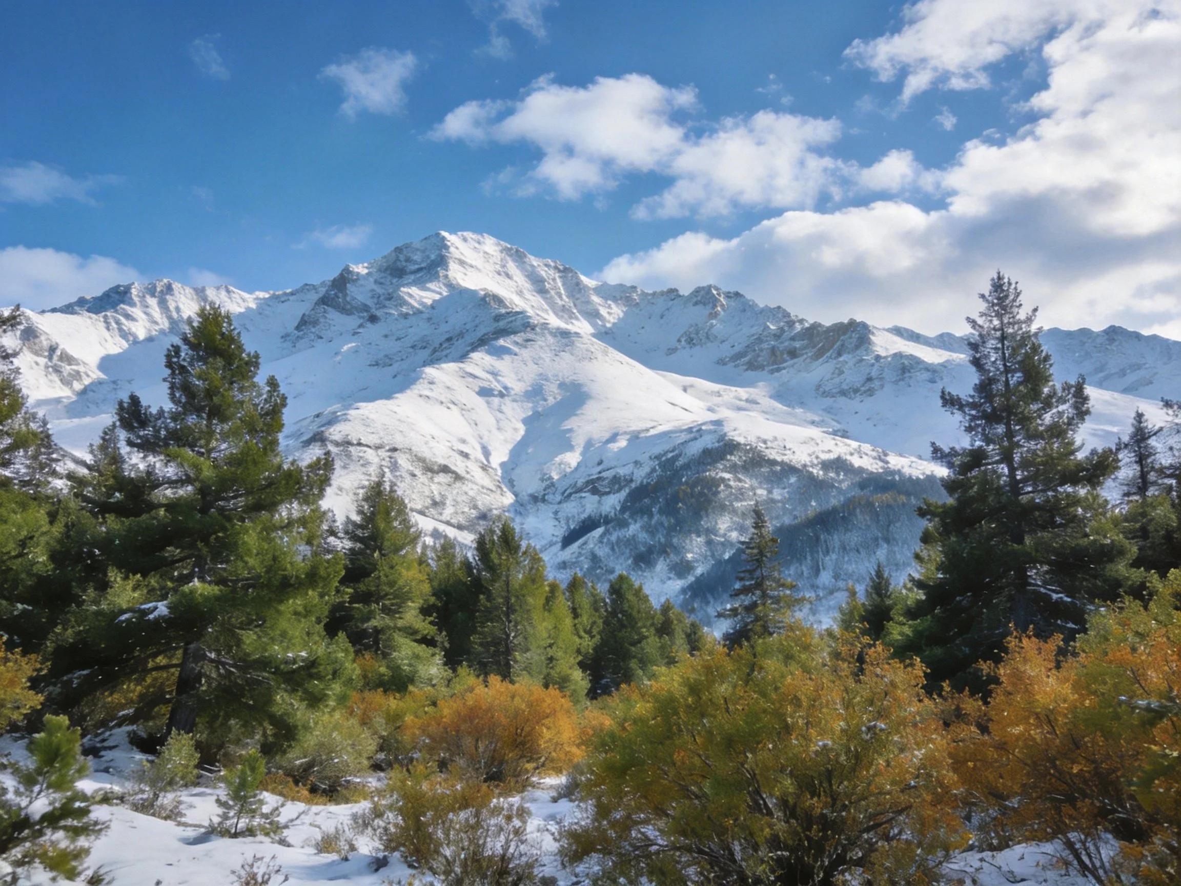 Snow-Capped Mountain Peaks with Evergreen Forests and Autumn Shrubbery