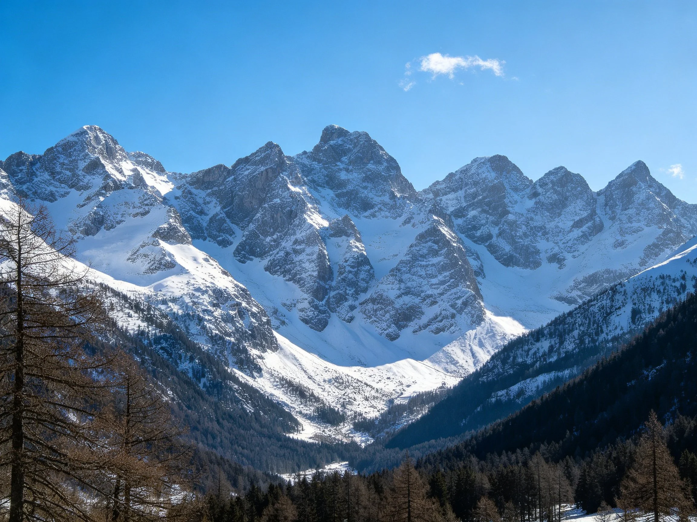 Snow-Capped Mountain Peaks with Forested Valleys Under Clear Blue Sky