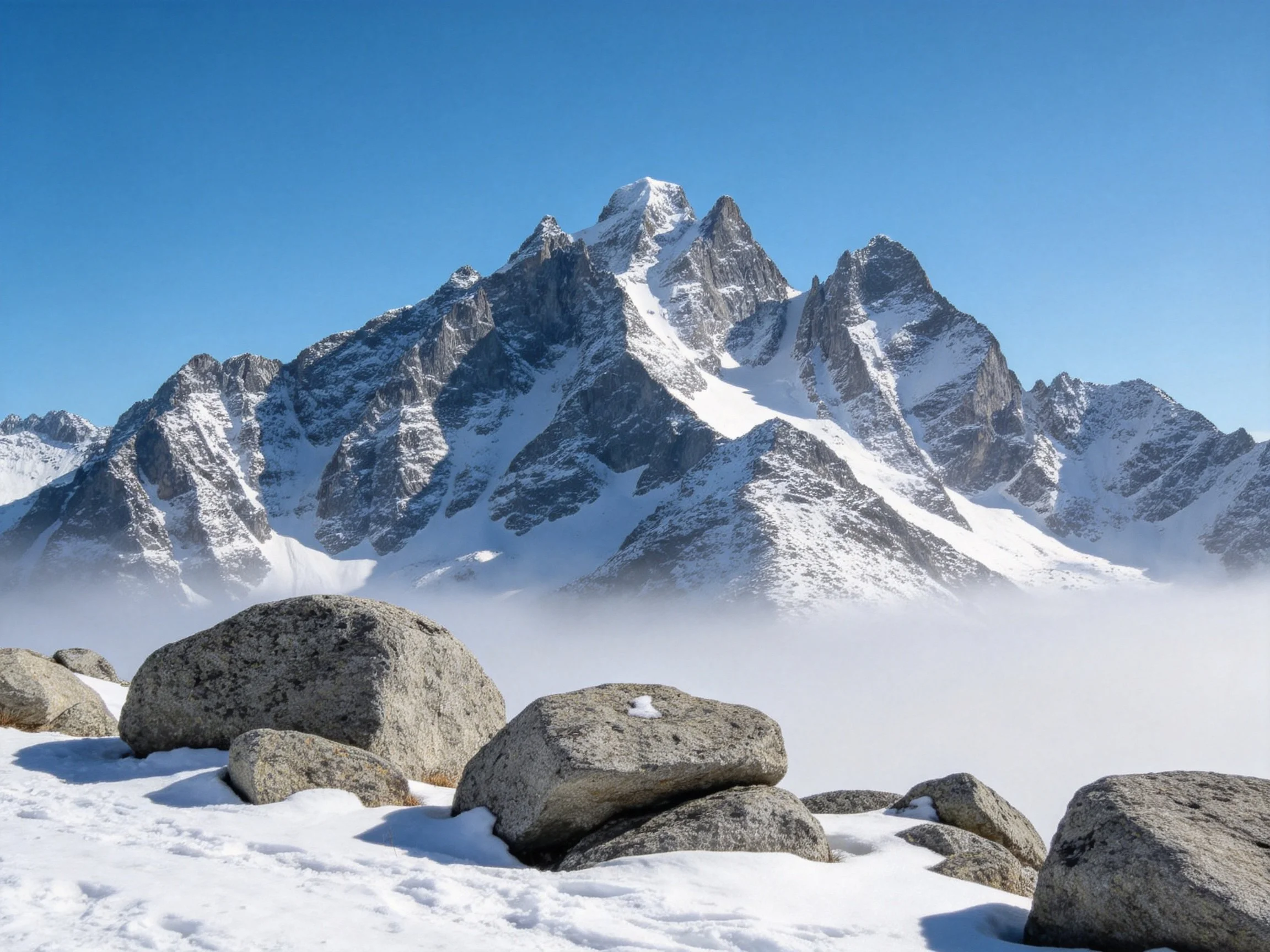 Snow-Capped Mountain Peaks with Rocky Foreground and Clear Blue Sky