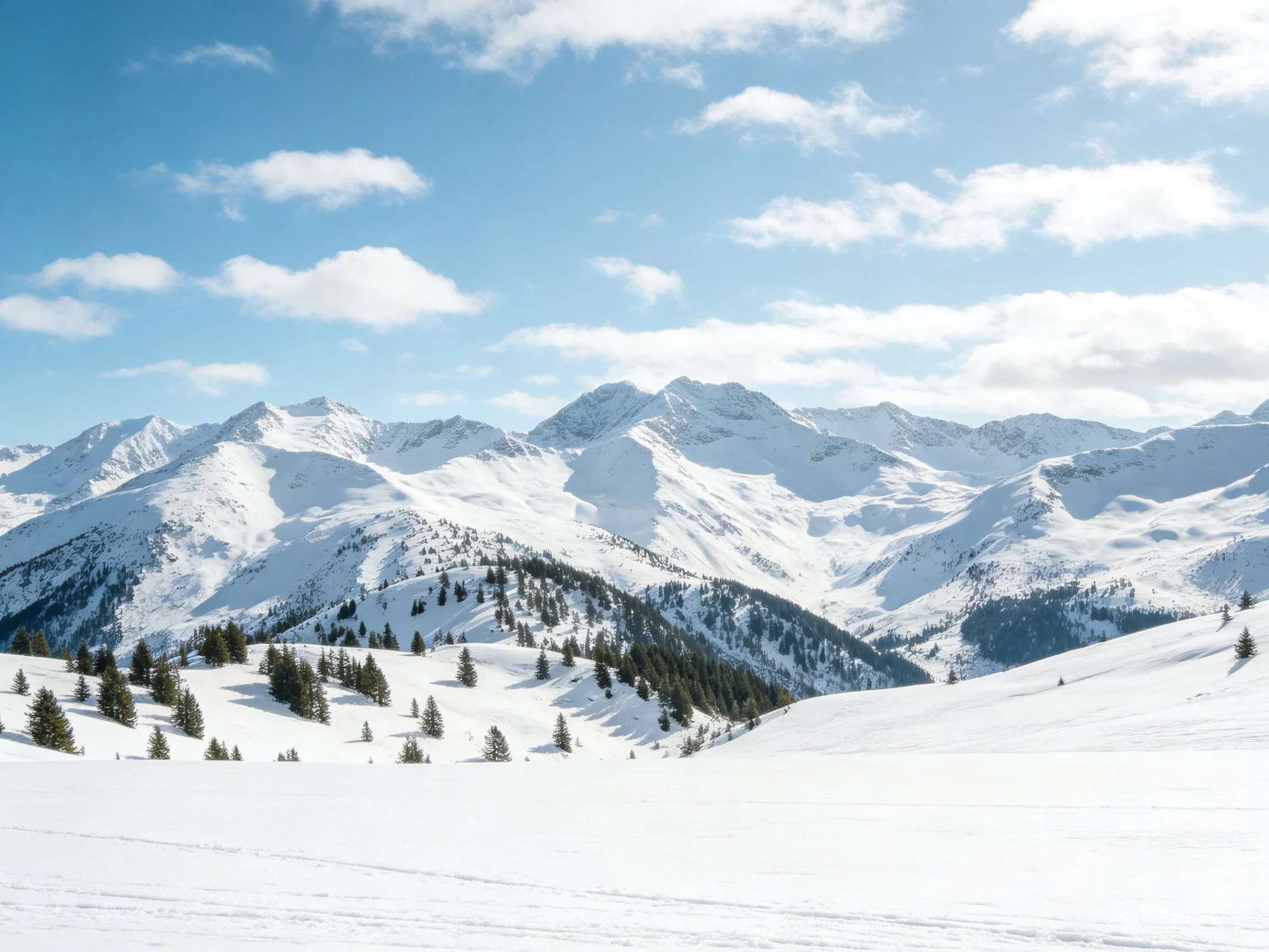 Snow-Capped Mountain Peaks with Scattered Evergreen Trees Under Bright Blue Sky