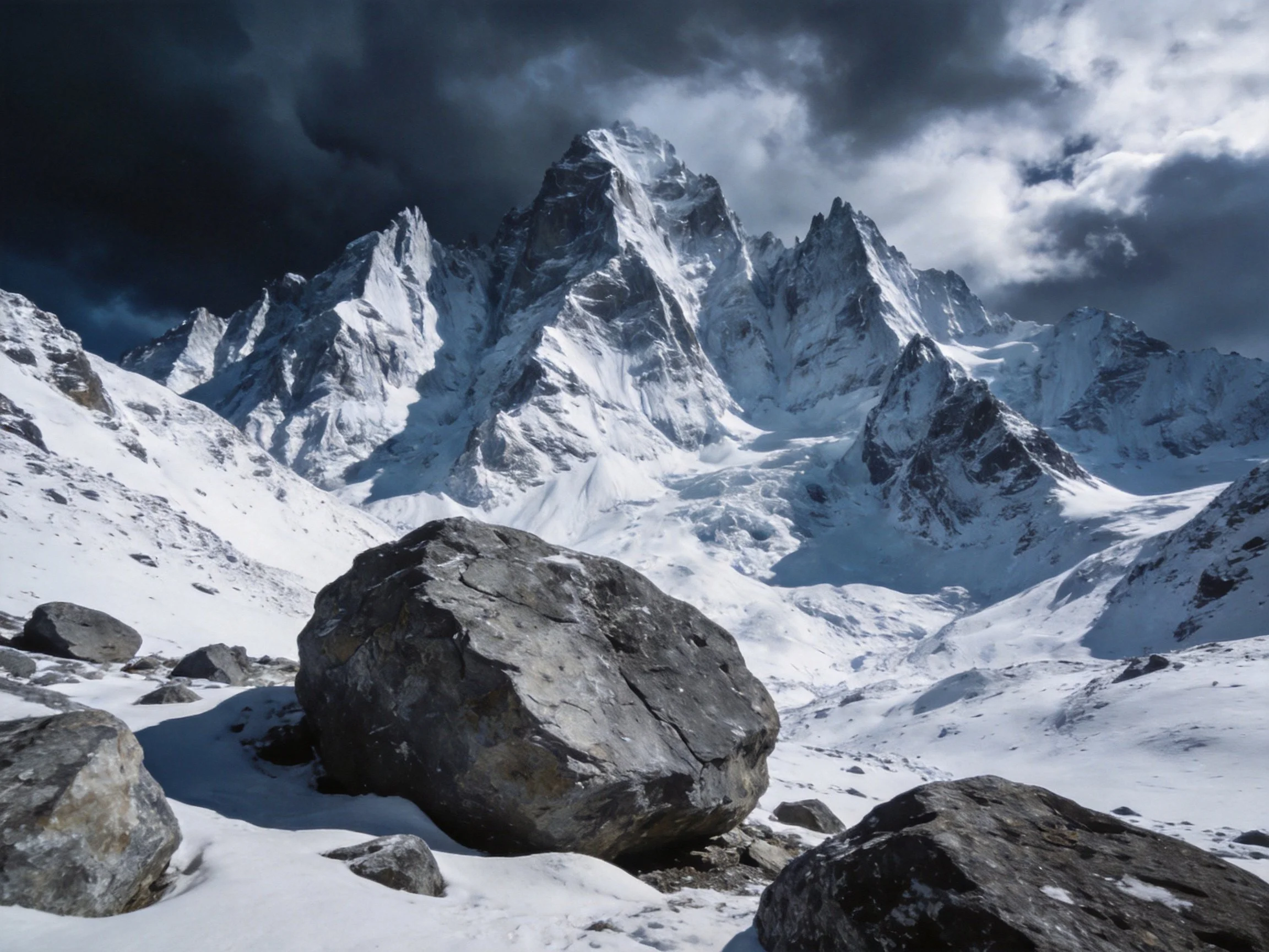 Snow-Capped Mountain Peaks with Stormy Sky and Large Boulders