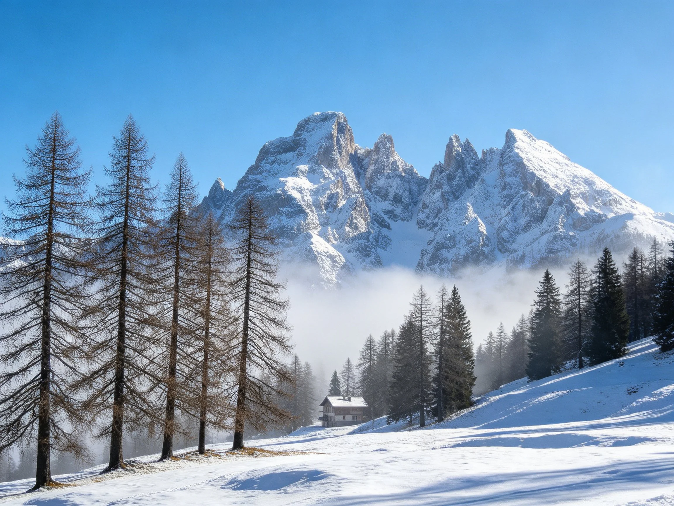 Snow-Capped Mountain Peaks with Tall Pine Trees and a Wooden Cabin