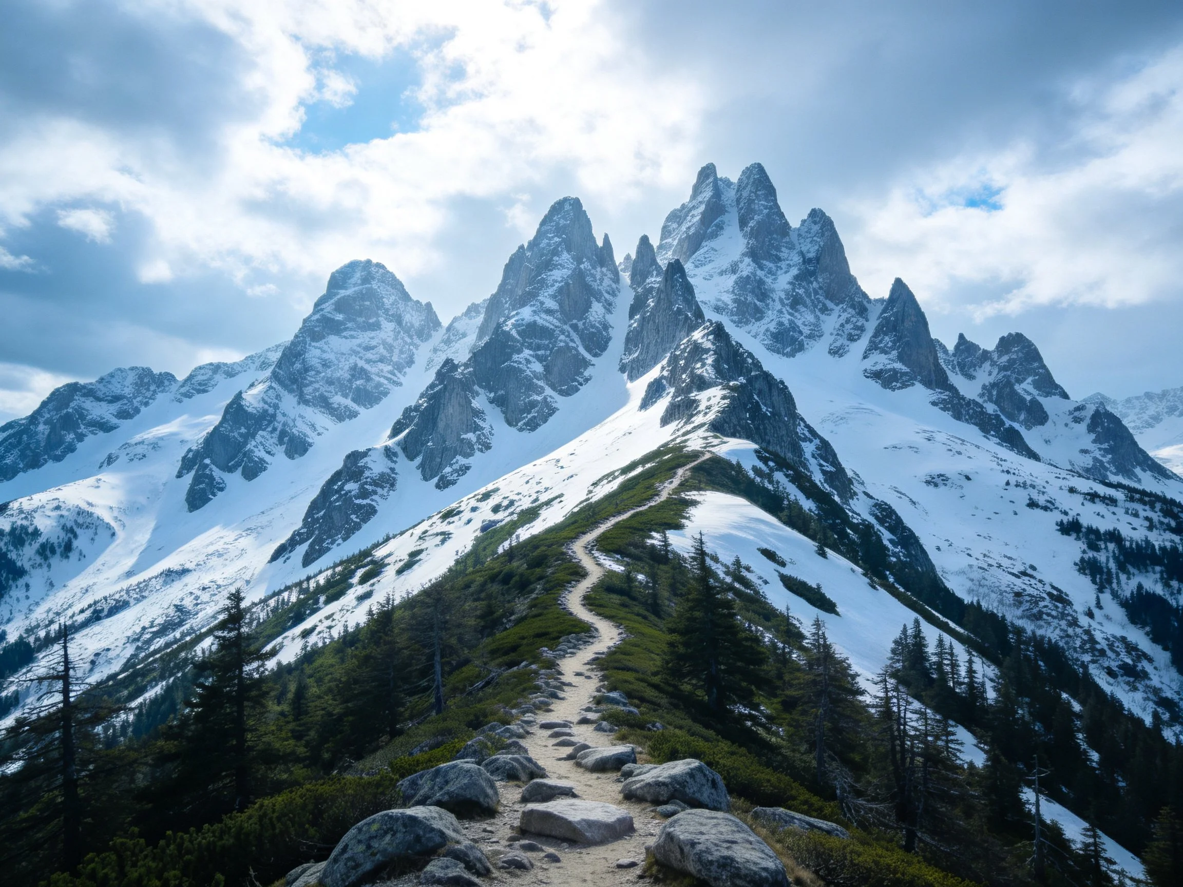 Snow-Capped Mountain Peaks with a Rocky Trail
